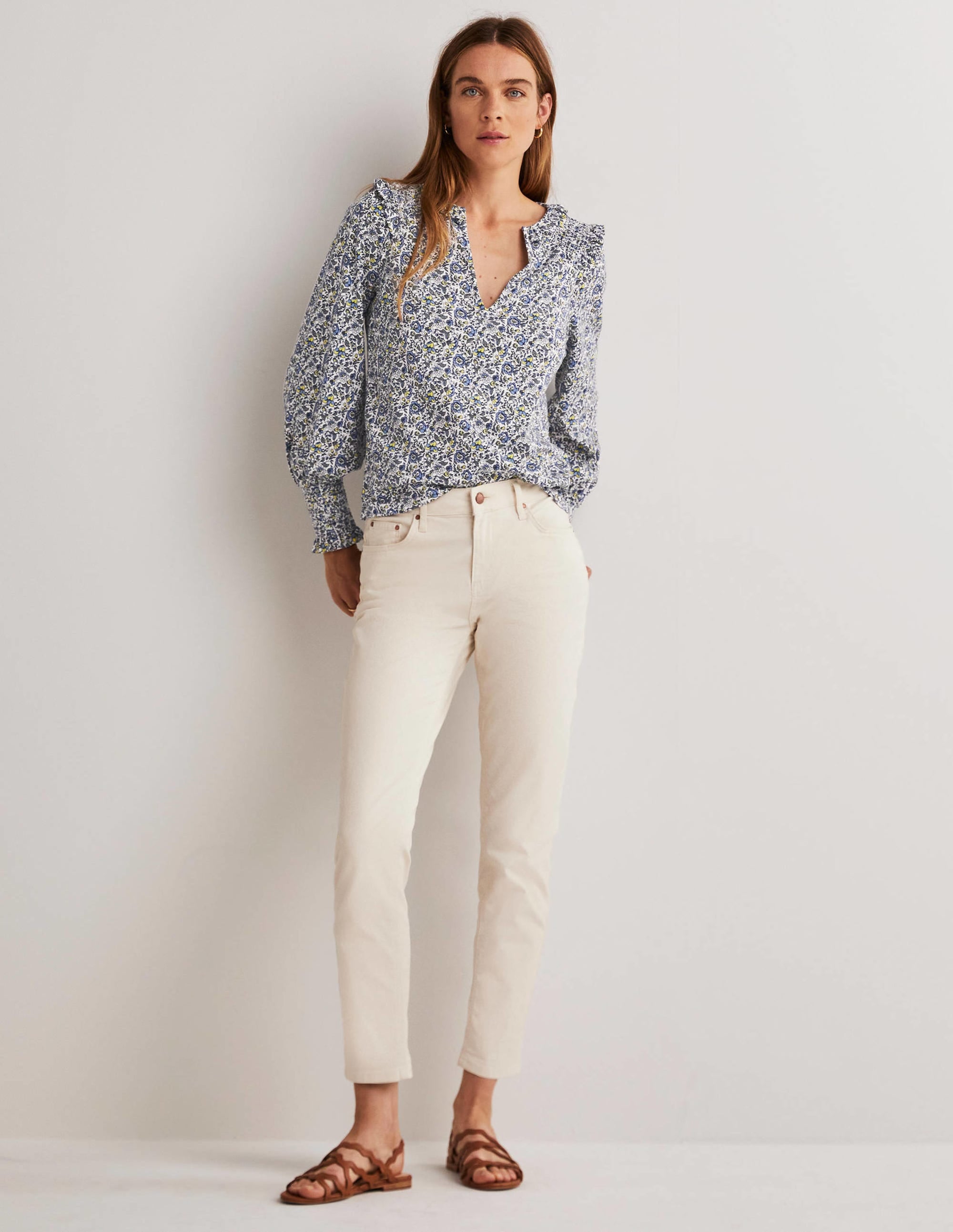 Notch Neck Smocked Frill Top-Ivory, Botanic Meadow - Image 5