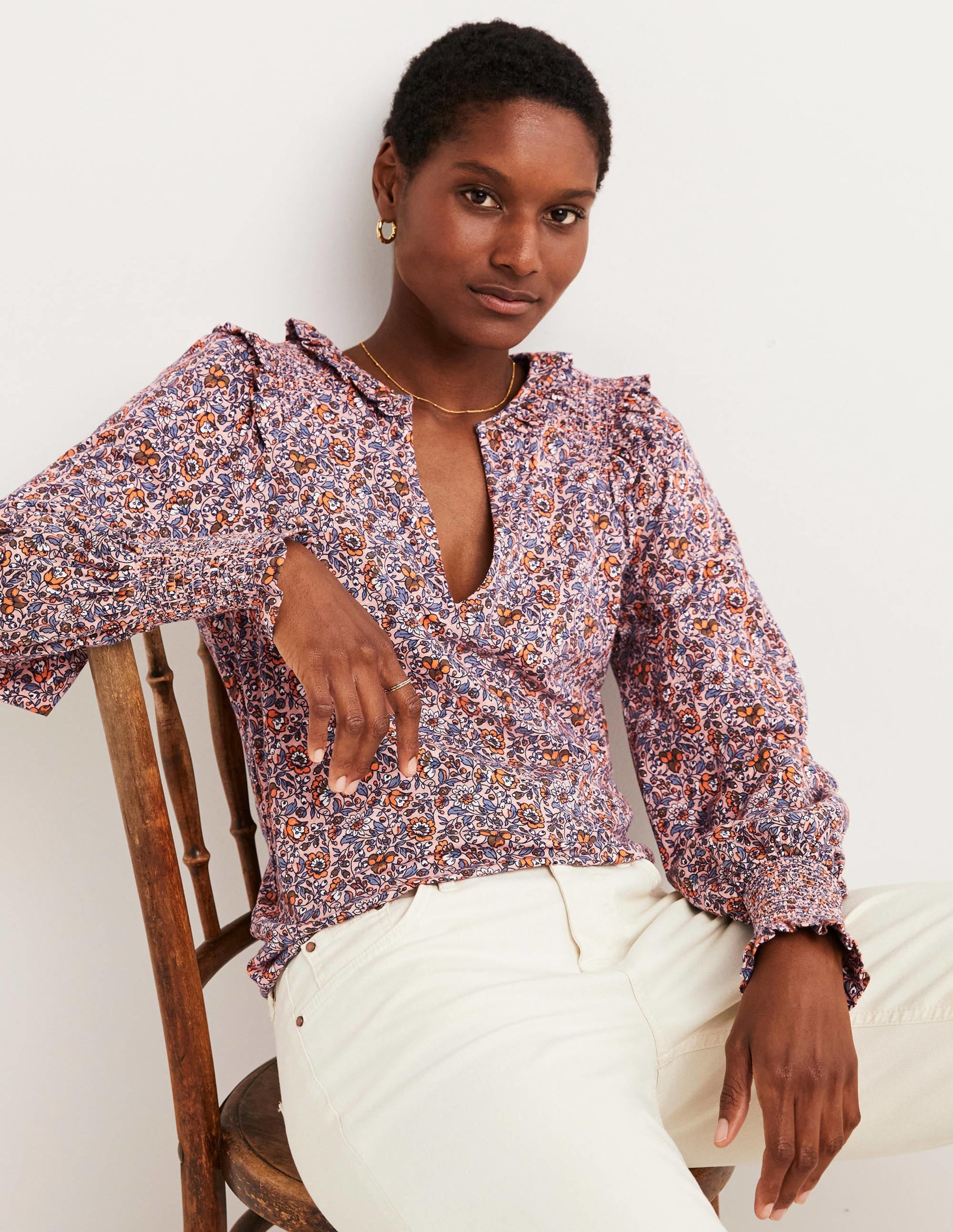 Notch Neck Smocked Frill Top-Milkshake, Botanic Meadow - Image 1