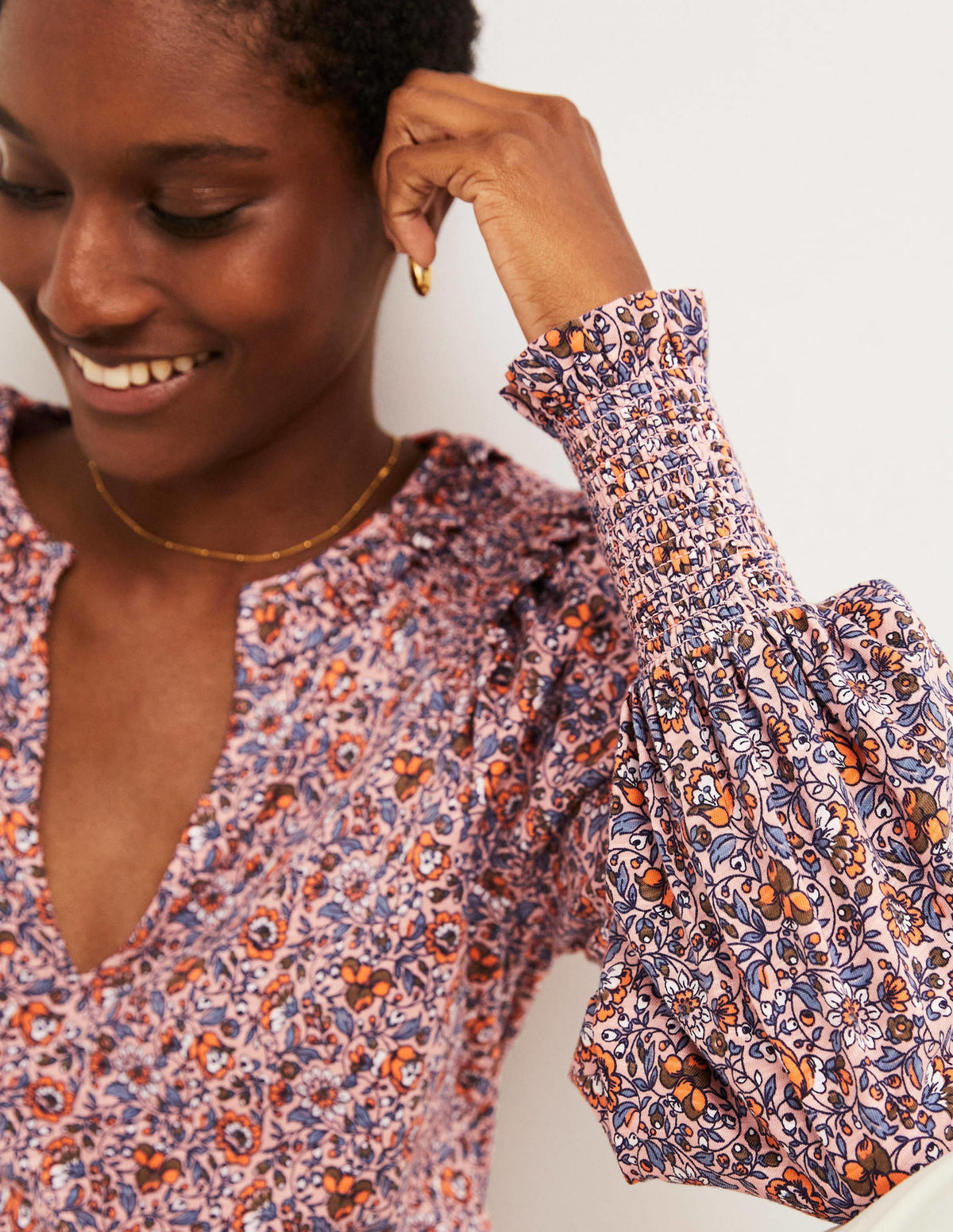 Notch Neck Smocked Frill Top-Milkshake, Botanic Meadow-2