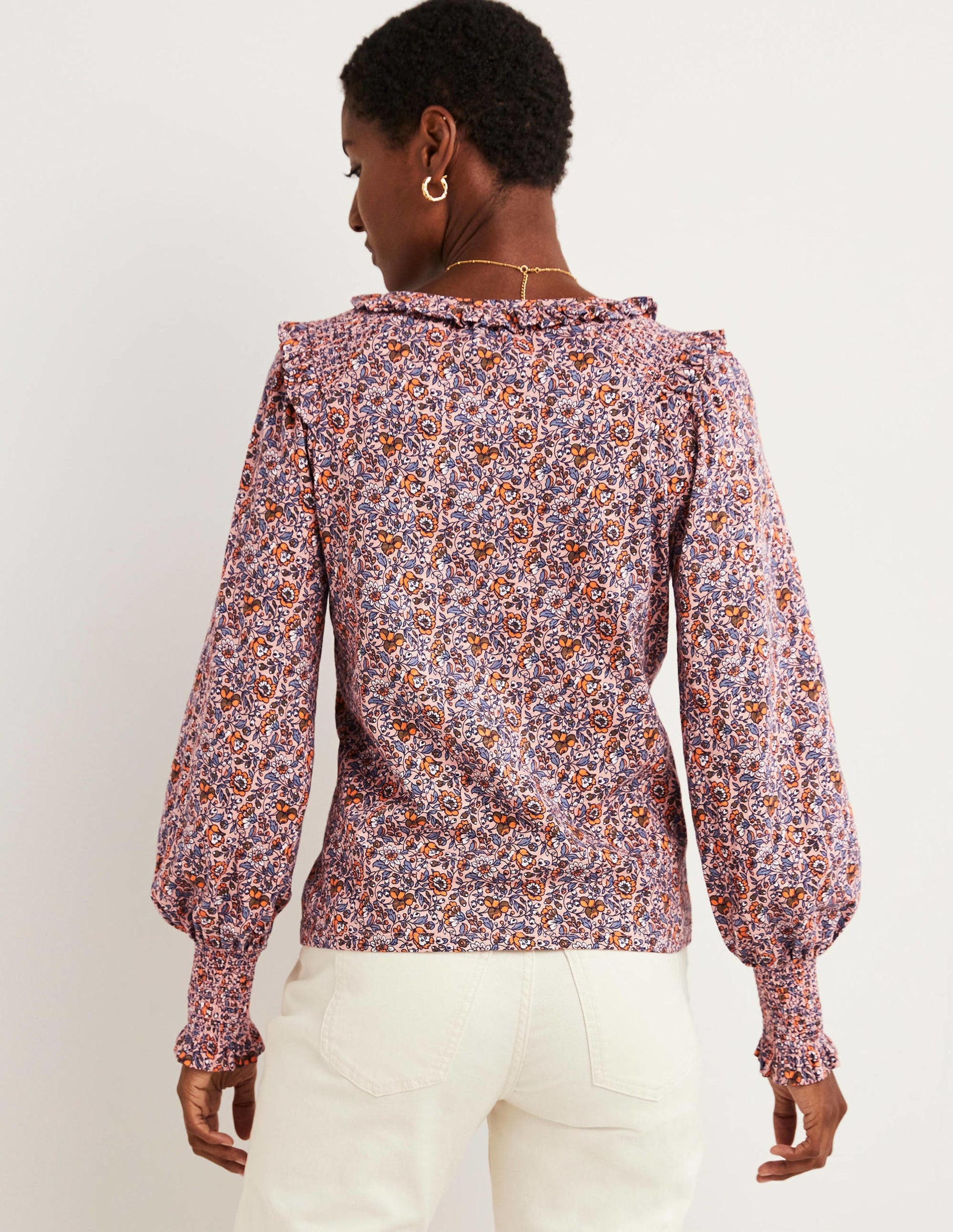 Notch Neck Smocked Frill Top-Milkshake, Botanic Meadow-3