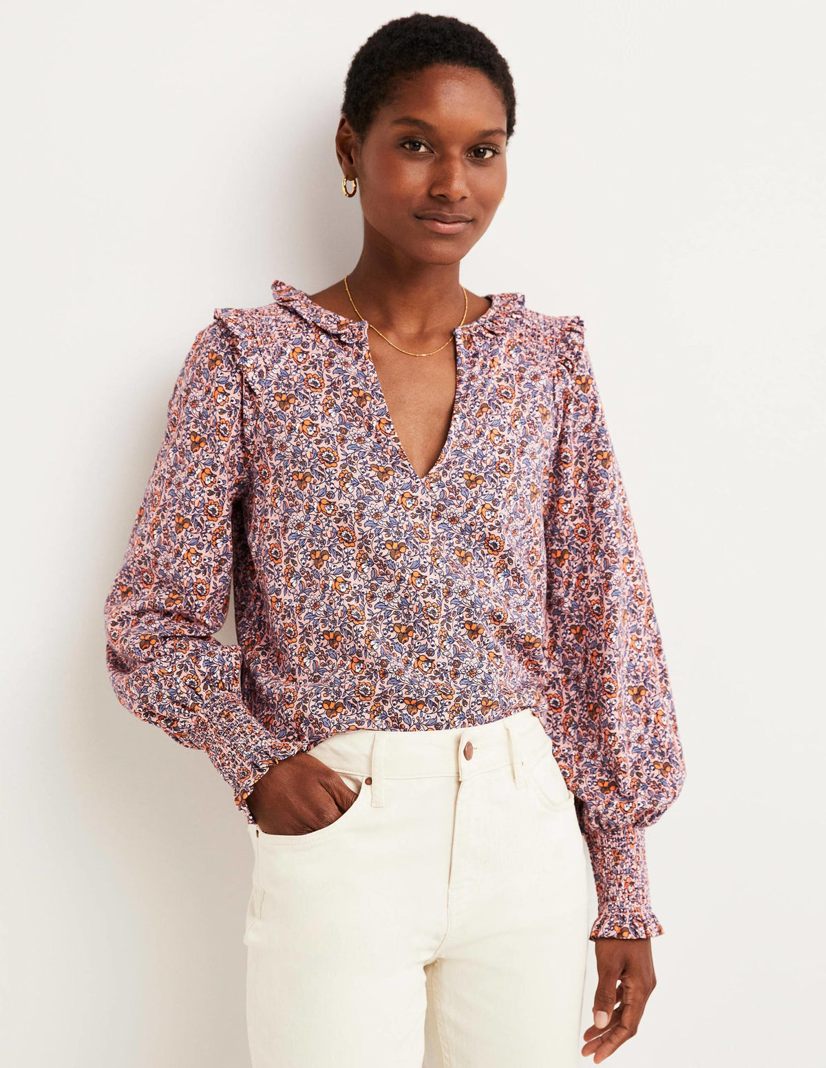 Notch Neck Smocked Frill Top-Milkshake, Botanic Meadow - Image 4