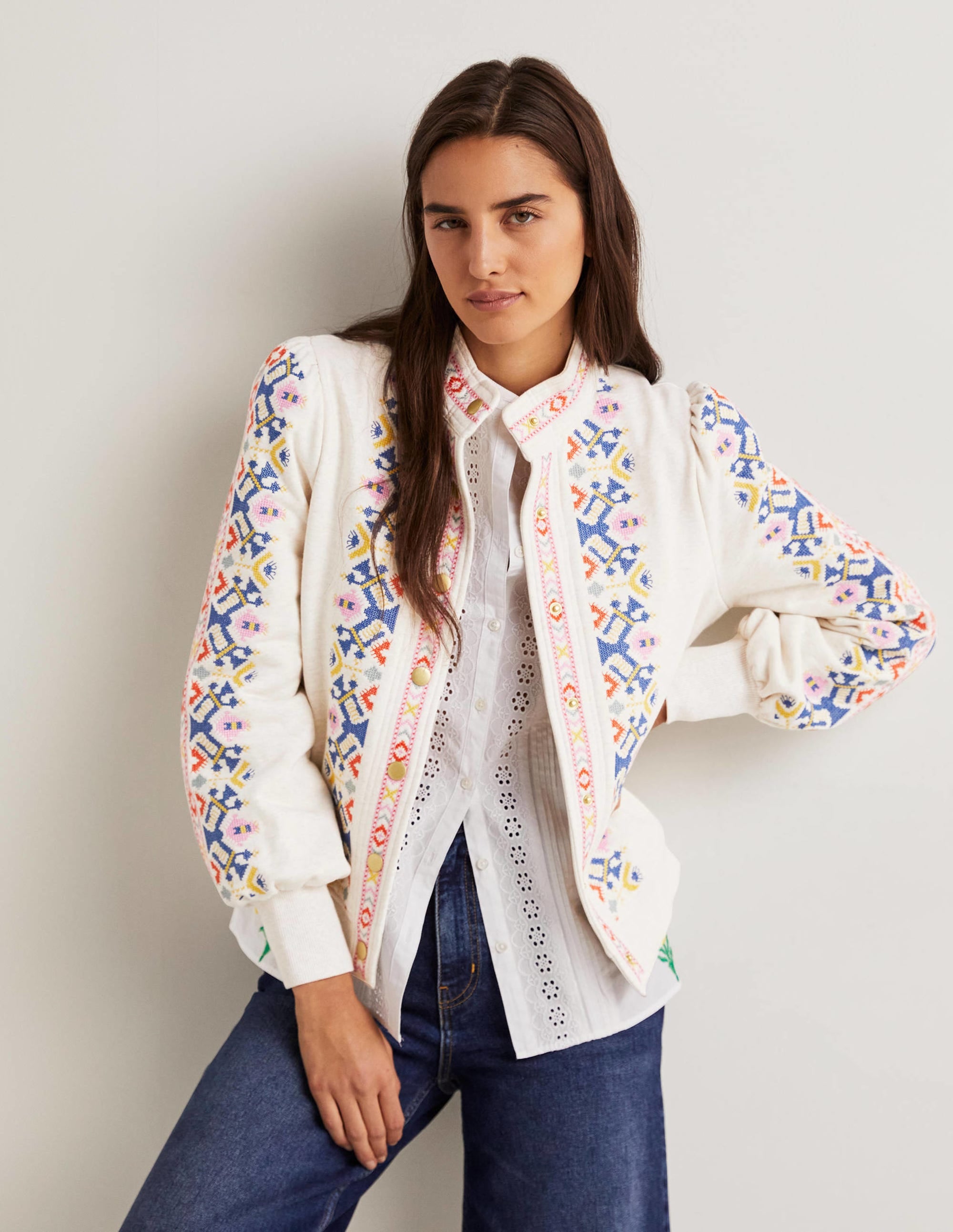Embroidered Jersey Jacket-Oatmeal Marl, Embroidered - Image 1