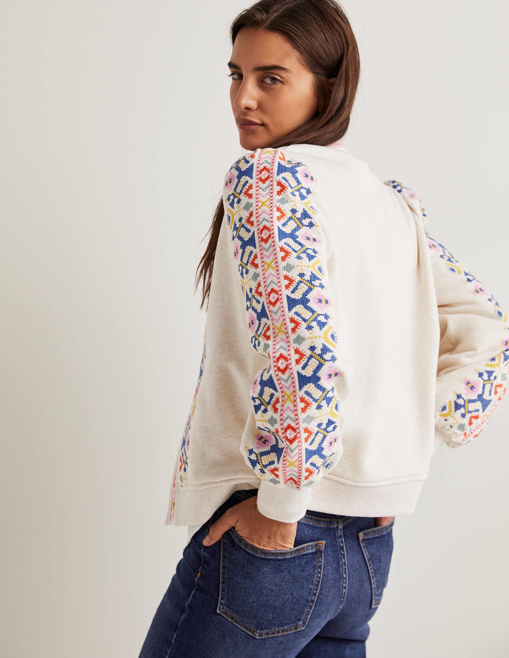 Embroidered Jersey Jacket-Oatmeal Marl, Embroidered - Image 5