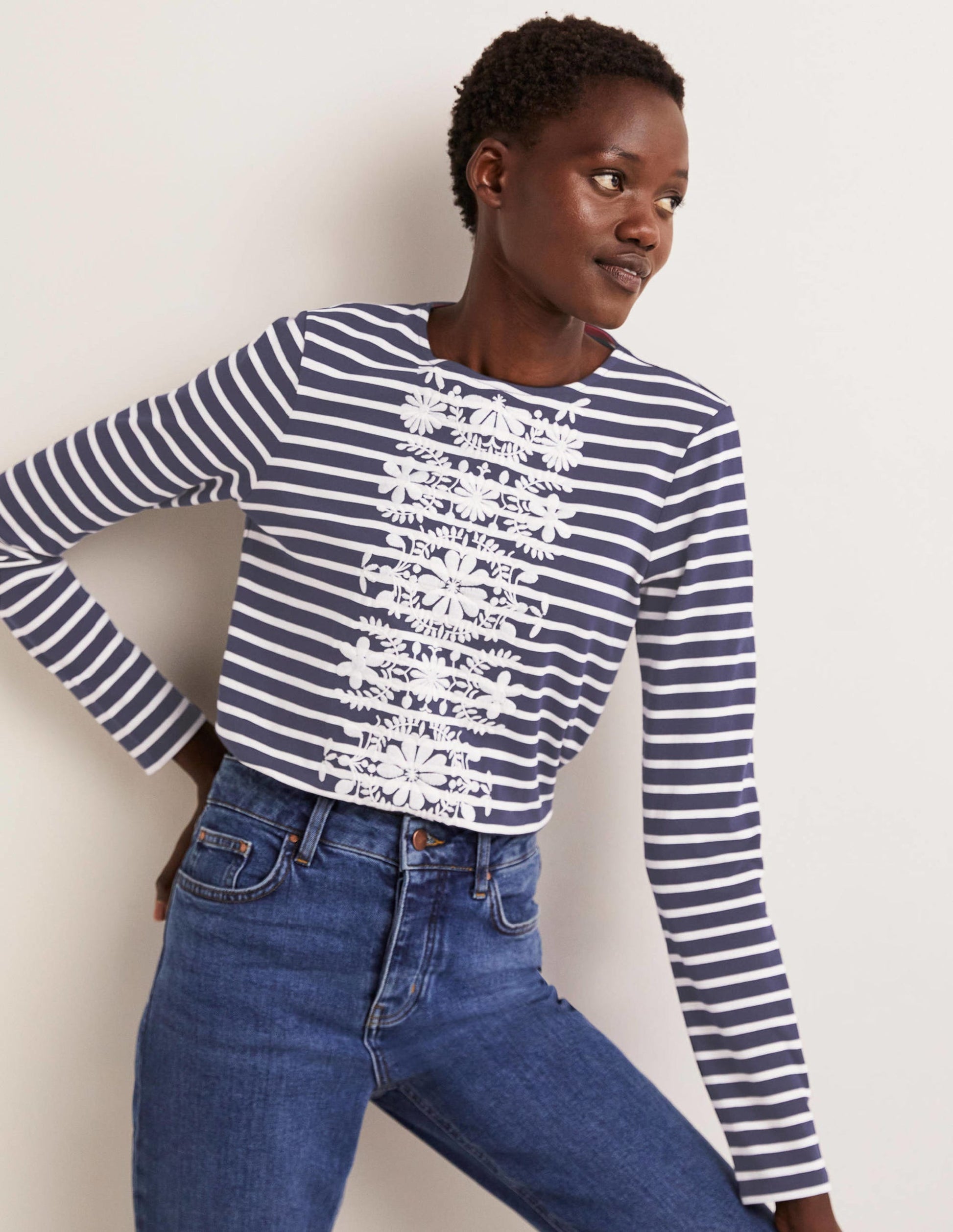 Embroidered Breton Top-Navy/Ivory, Floral Embroidery-1