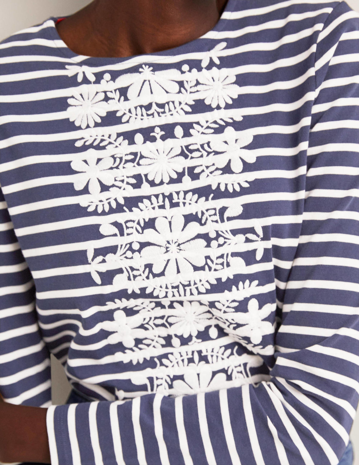 Embroidered Breton Top-Navy/Ivory, Floral Embroidery - Image 2