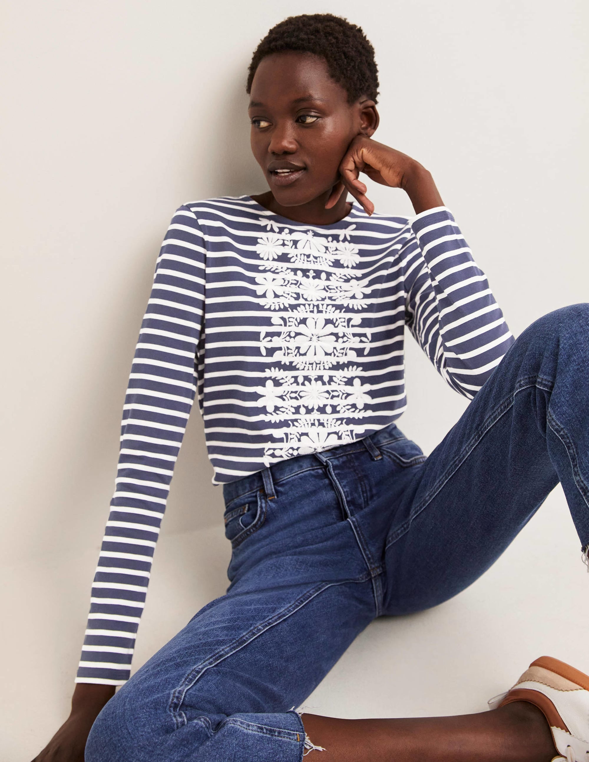 Embroidered Breton Top-Navy/Ivory, Floral Embroidery - Image 4