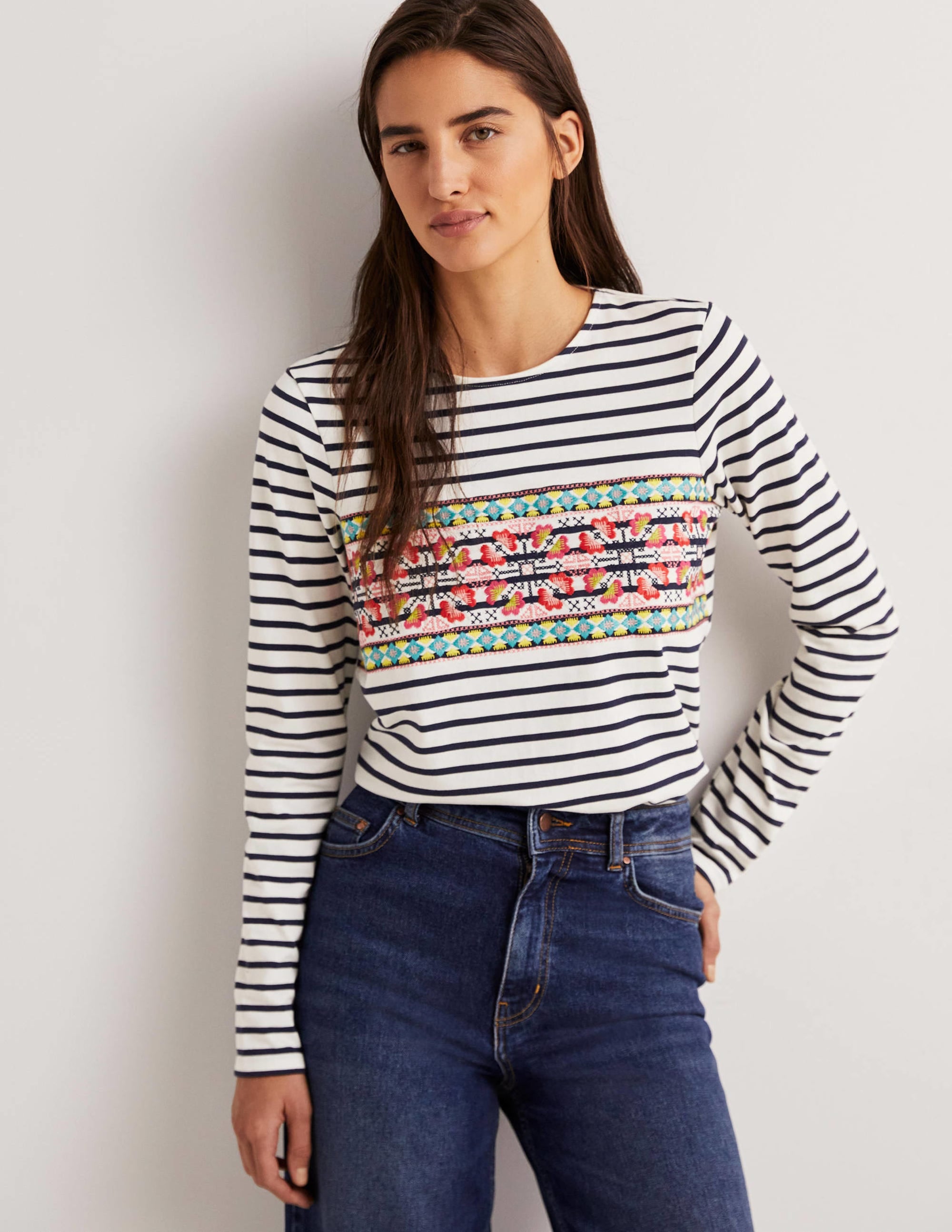 Embroidered Breton Top-Ivory/Navy, Multi Embroidery - Image 1