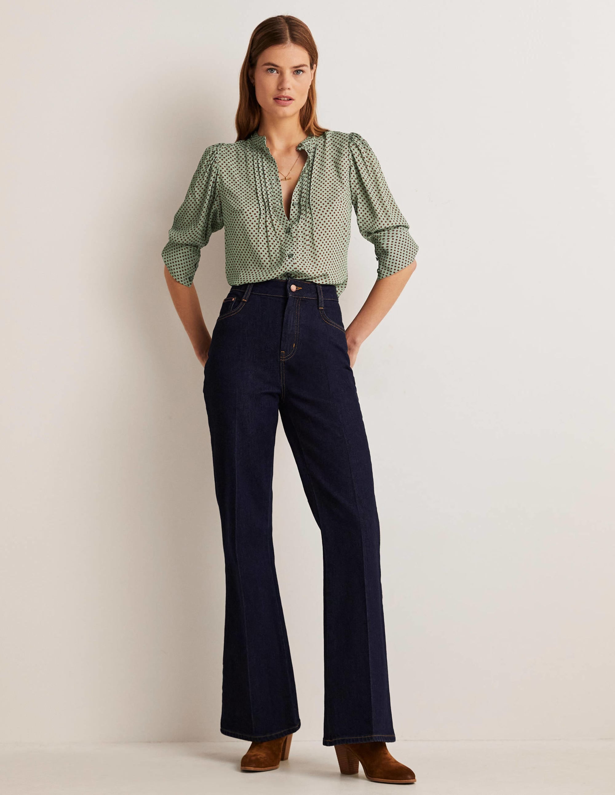 Pleated Button Through Blouse-Jadeite Green, Spot - Image 9