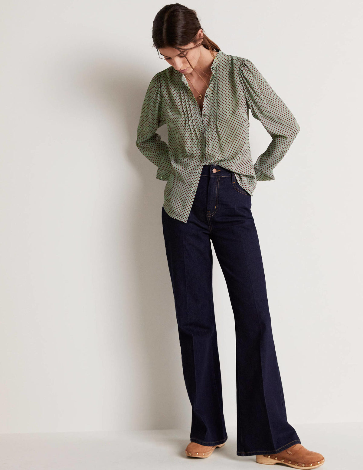 Pleated Button Through Blouse-Jadeite Green, Spot - Image 10