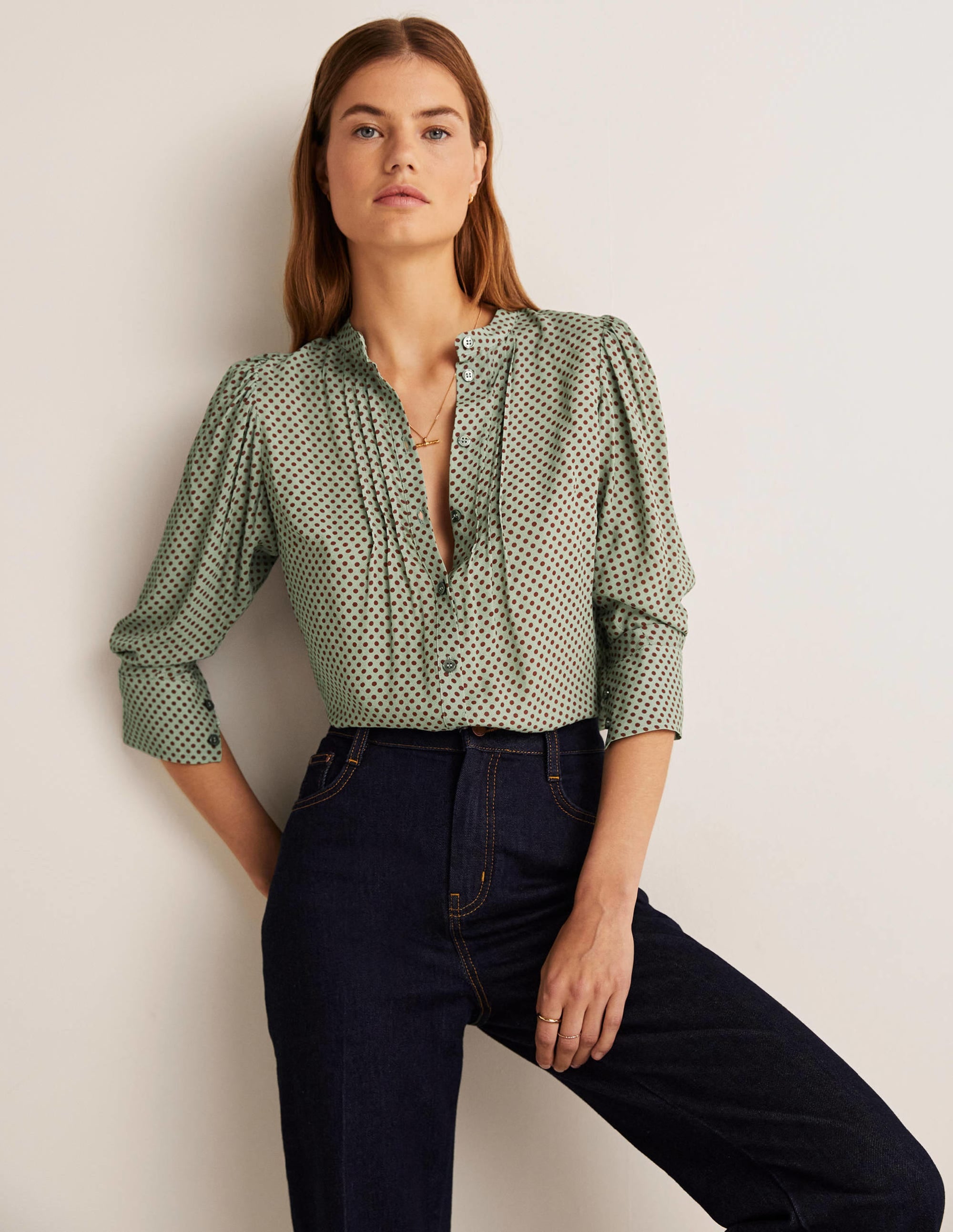 Pleated Button Through Blouse-Jadeite Green, Spot - Image 1