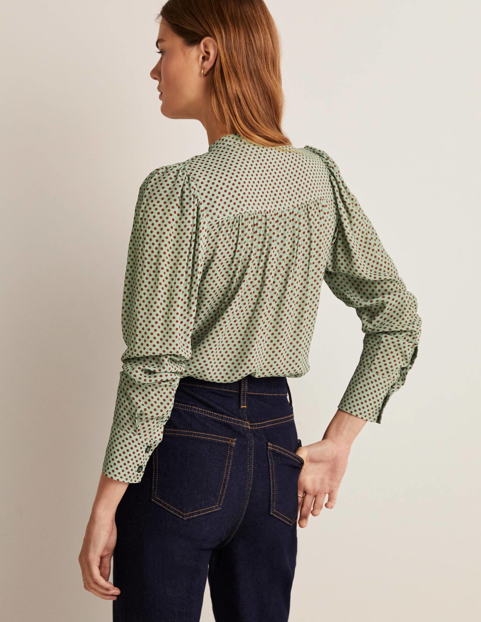 Pleated Button Through Blouse-Jadeite Green, Spot - Image 3
