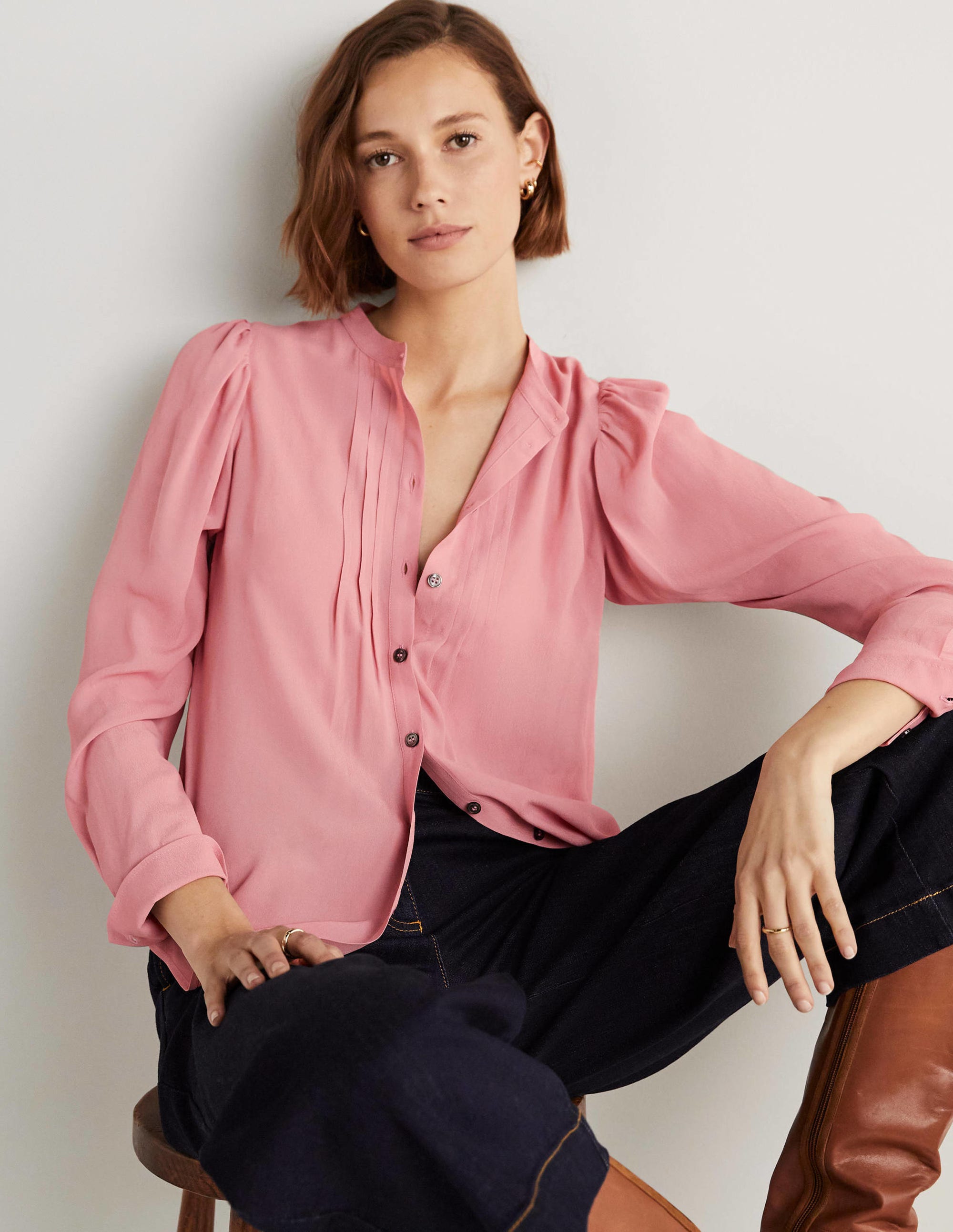 Pleated Button Through Blouse-Almond Pink - Image 8