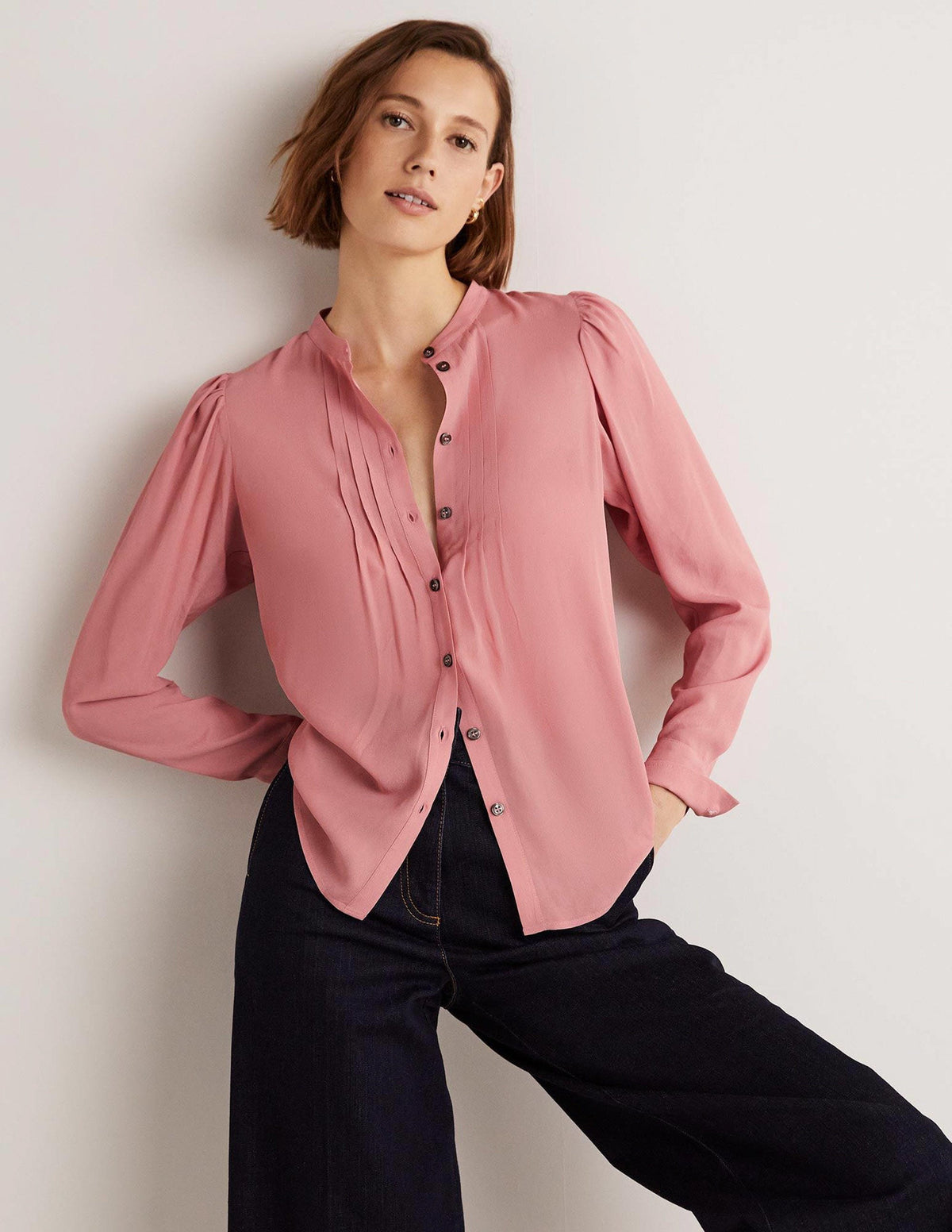 Pleated Button Through Blouse-Almond Pink-1