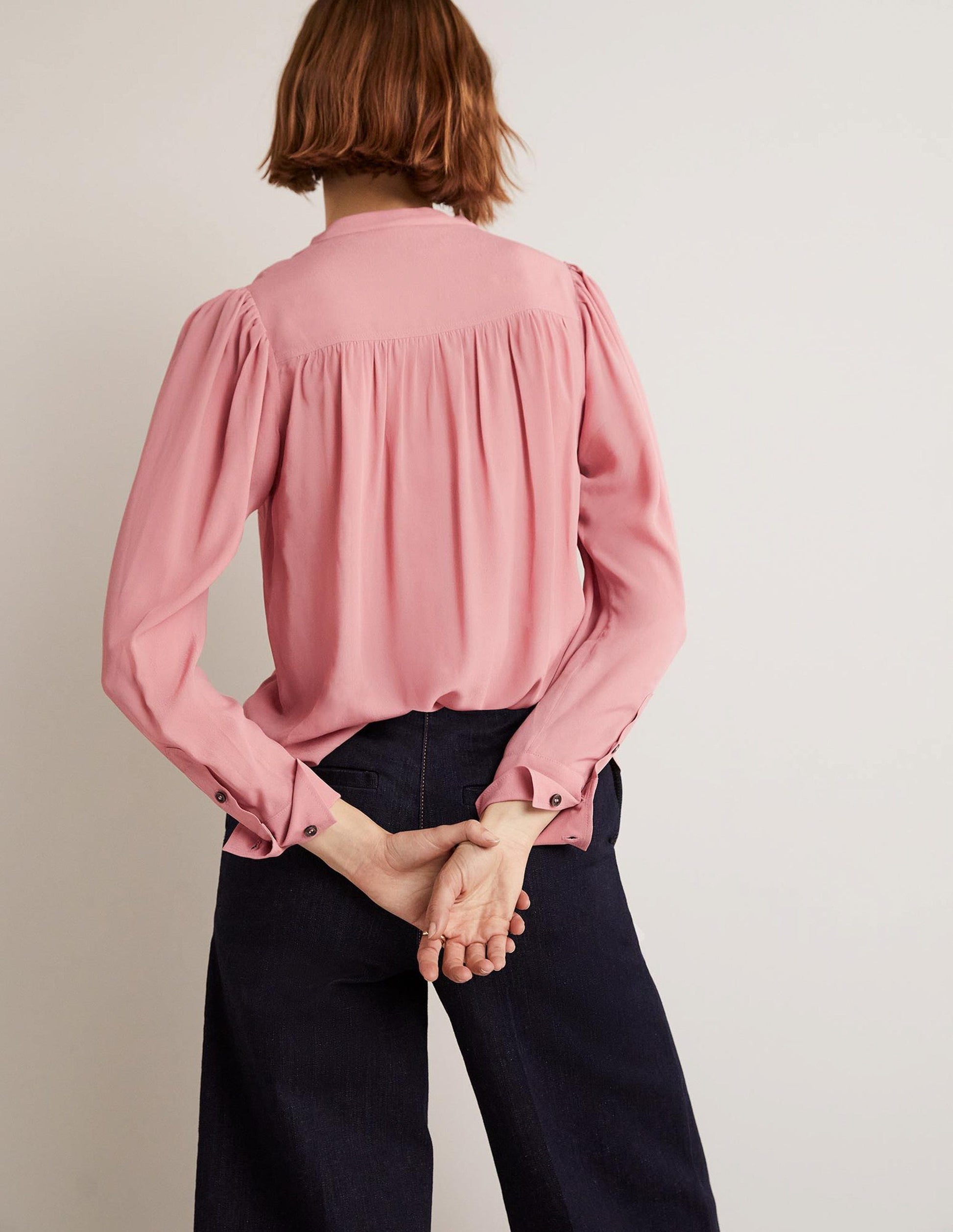 Pleated Button Through Blouse-Almond Pink-3