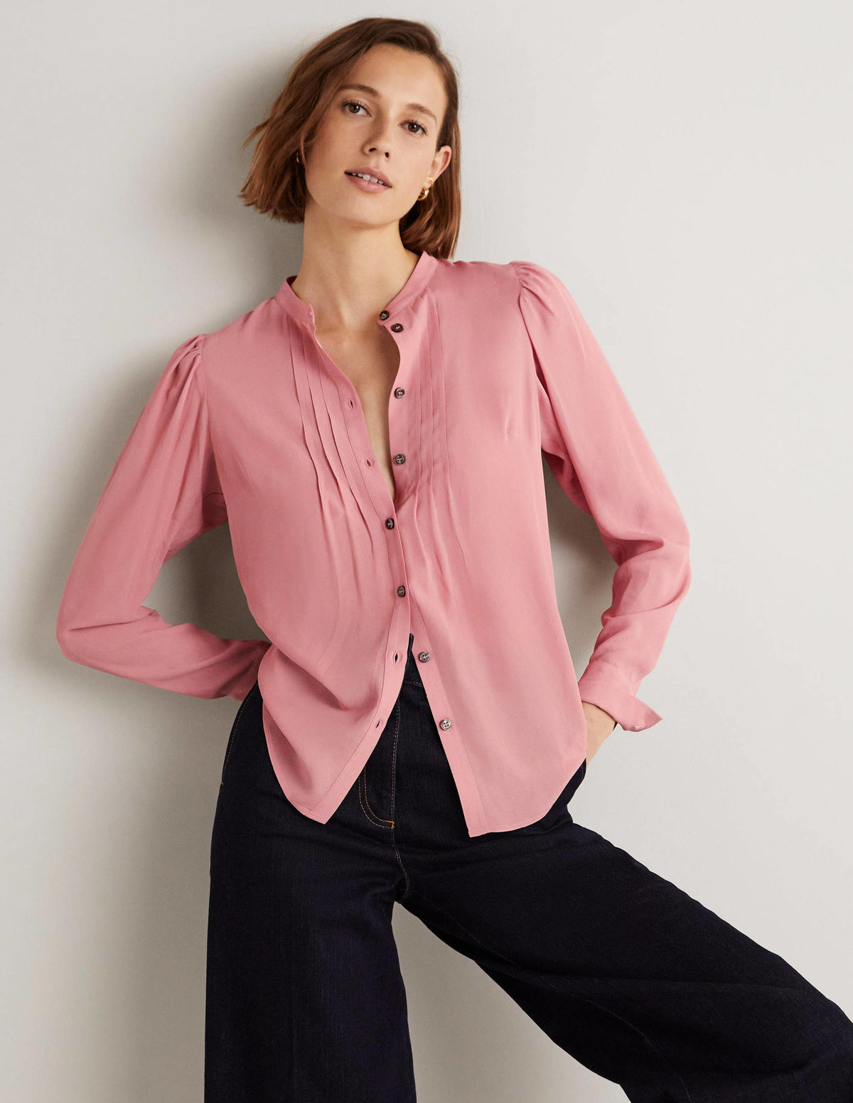 Pleated Button Through Blouse-Almond Pink - Image 5