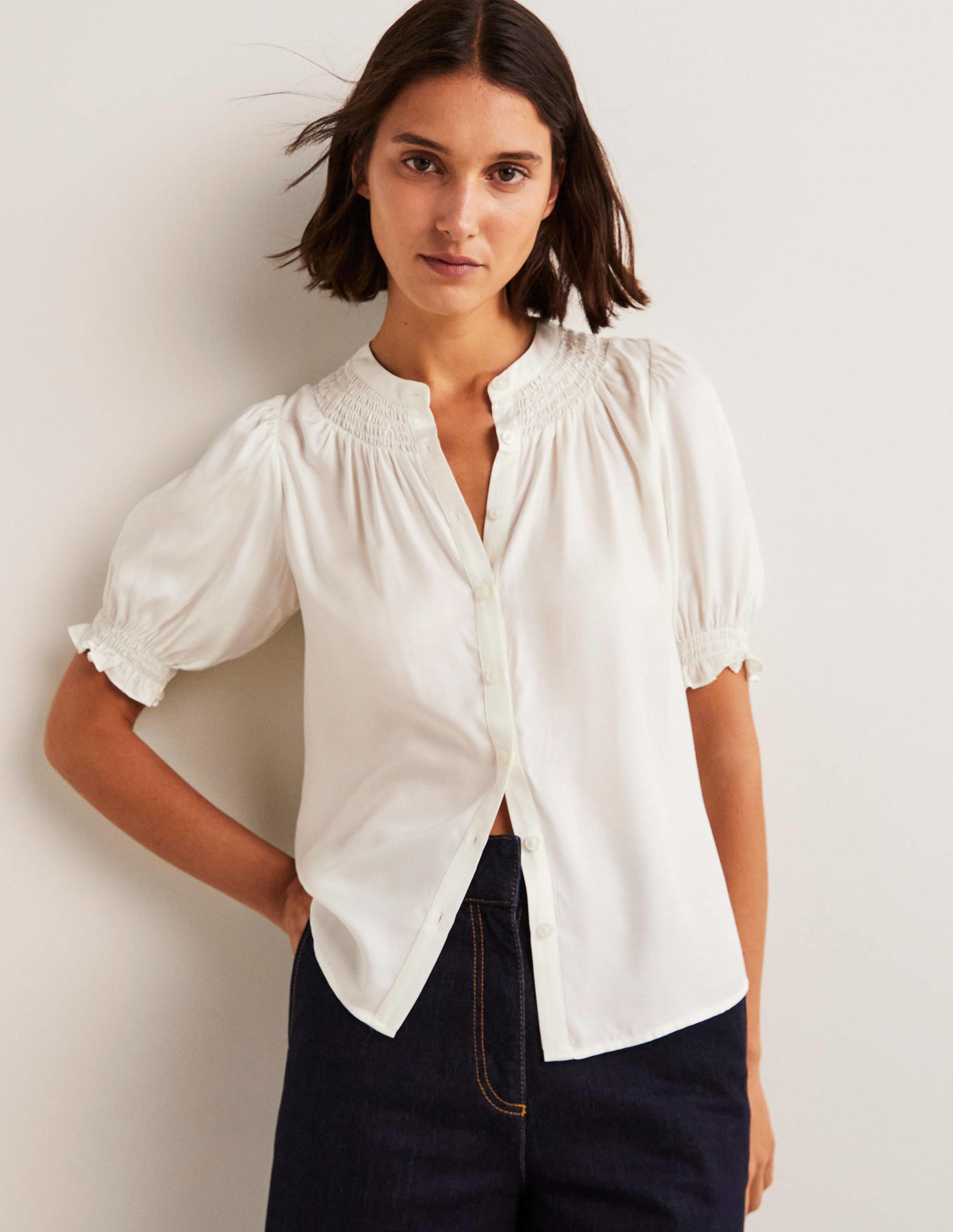 Smocked Silk Blend Blouse-Ivory - Image 1