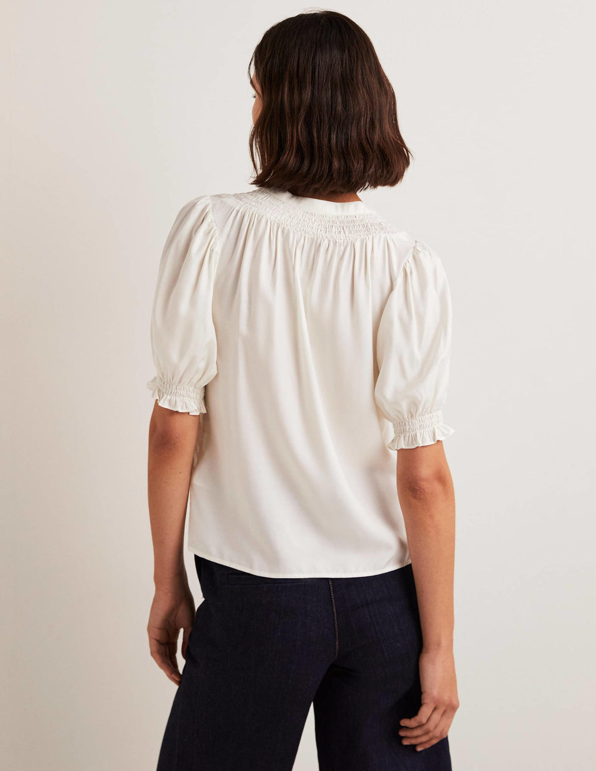 Smocked Silk Blend Blouse-Ivory-3