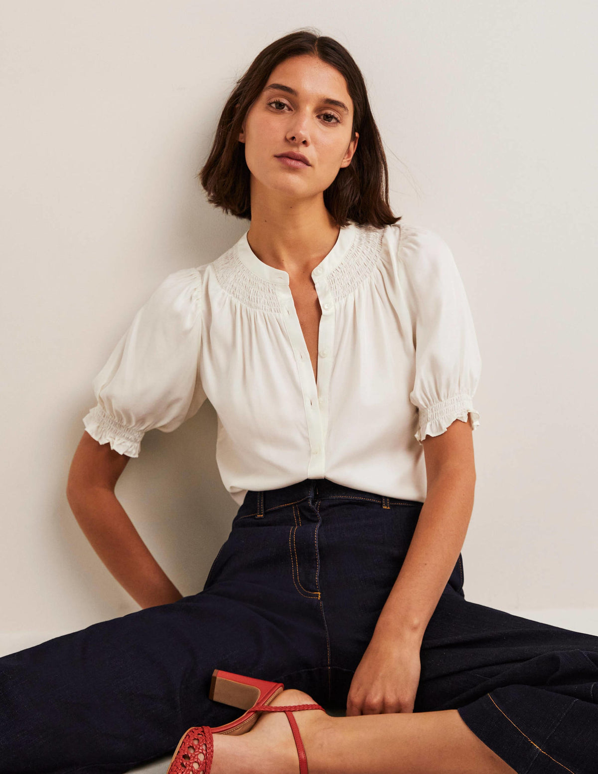 Smocked Silk Blend Blouse-Ivory - Image 4