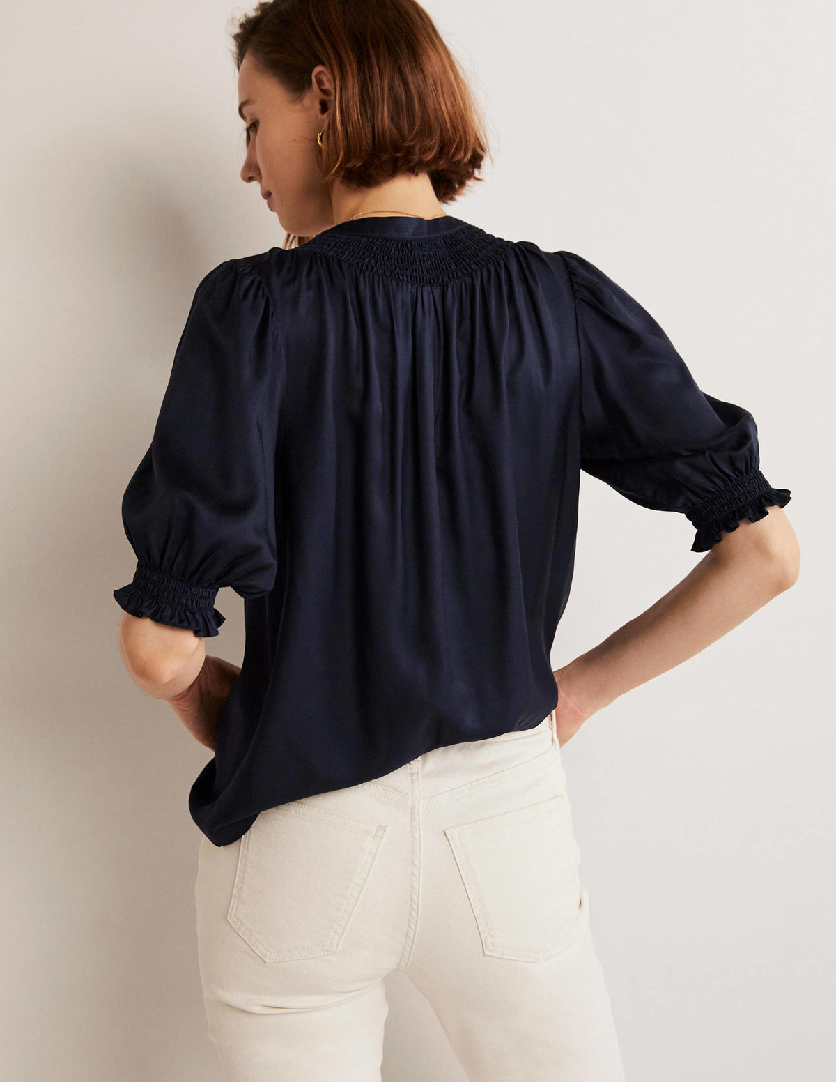 Smocked Silk Blend Blouse-Navy - Image 8