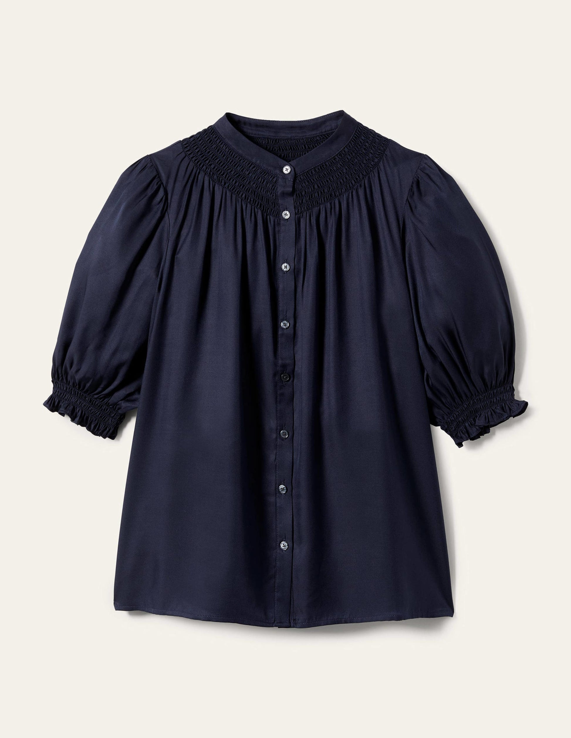 Smocked Silk Blend Blouse-Navy-11