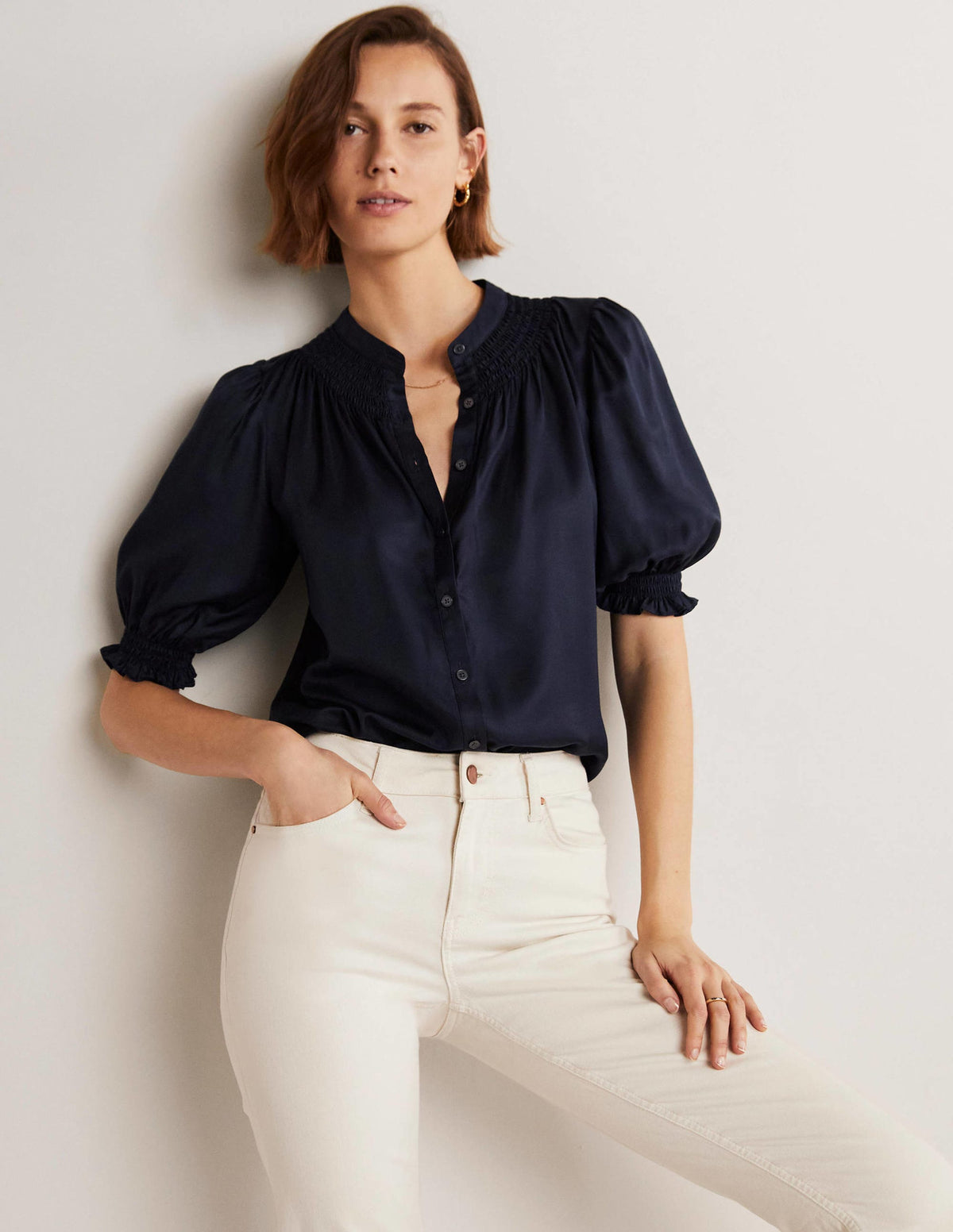 Smocked Silk Blend Blouse-Navy-6