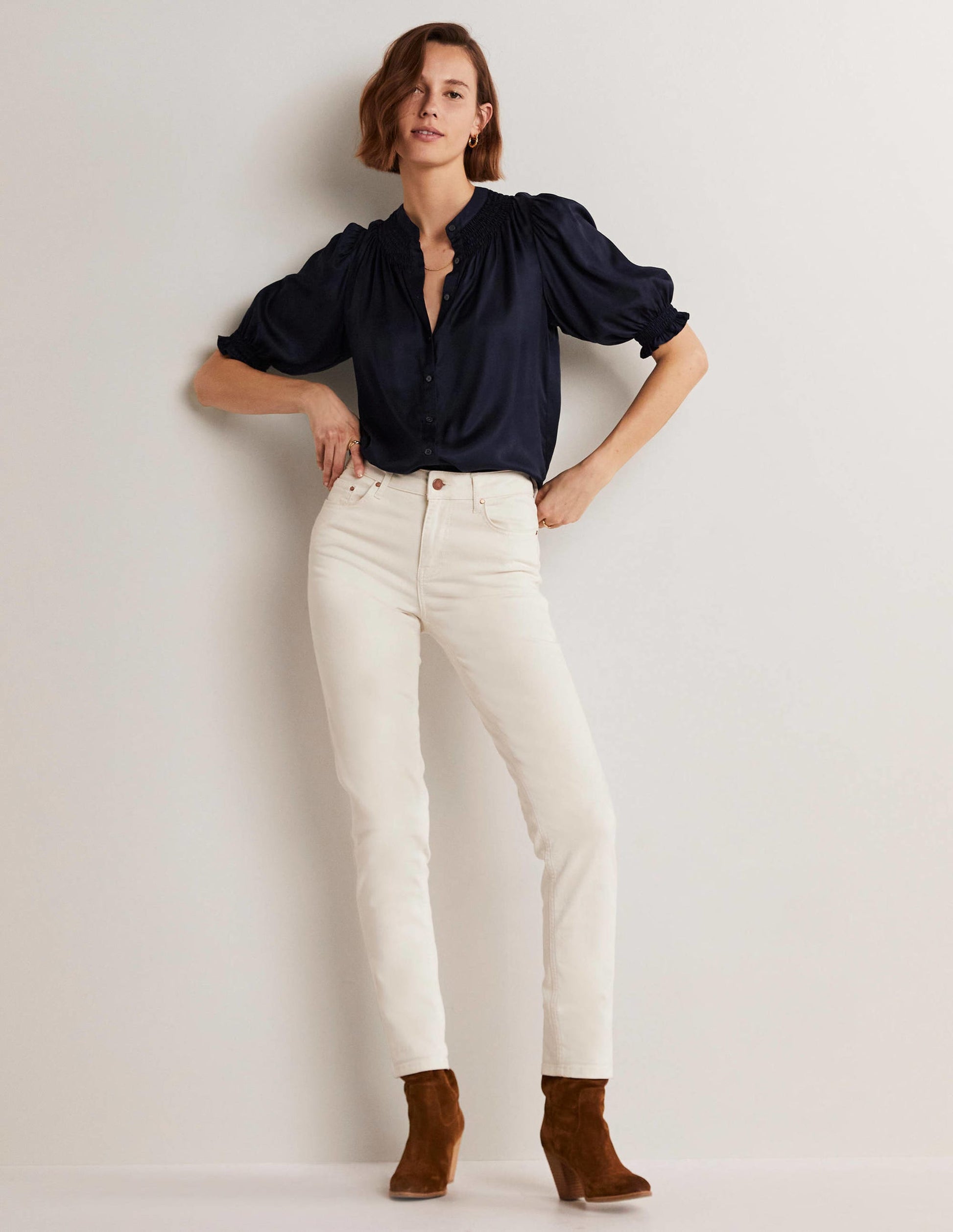 Smocked Silk Blend Blouse-Navy-4