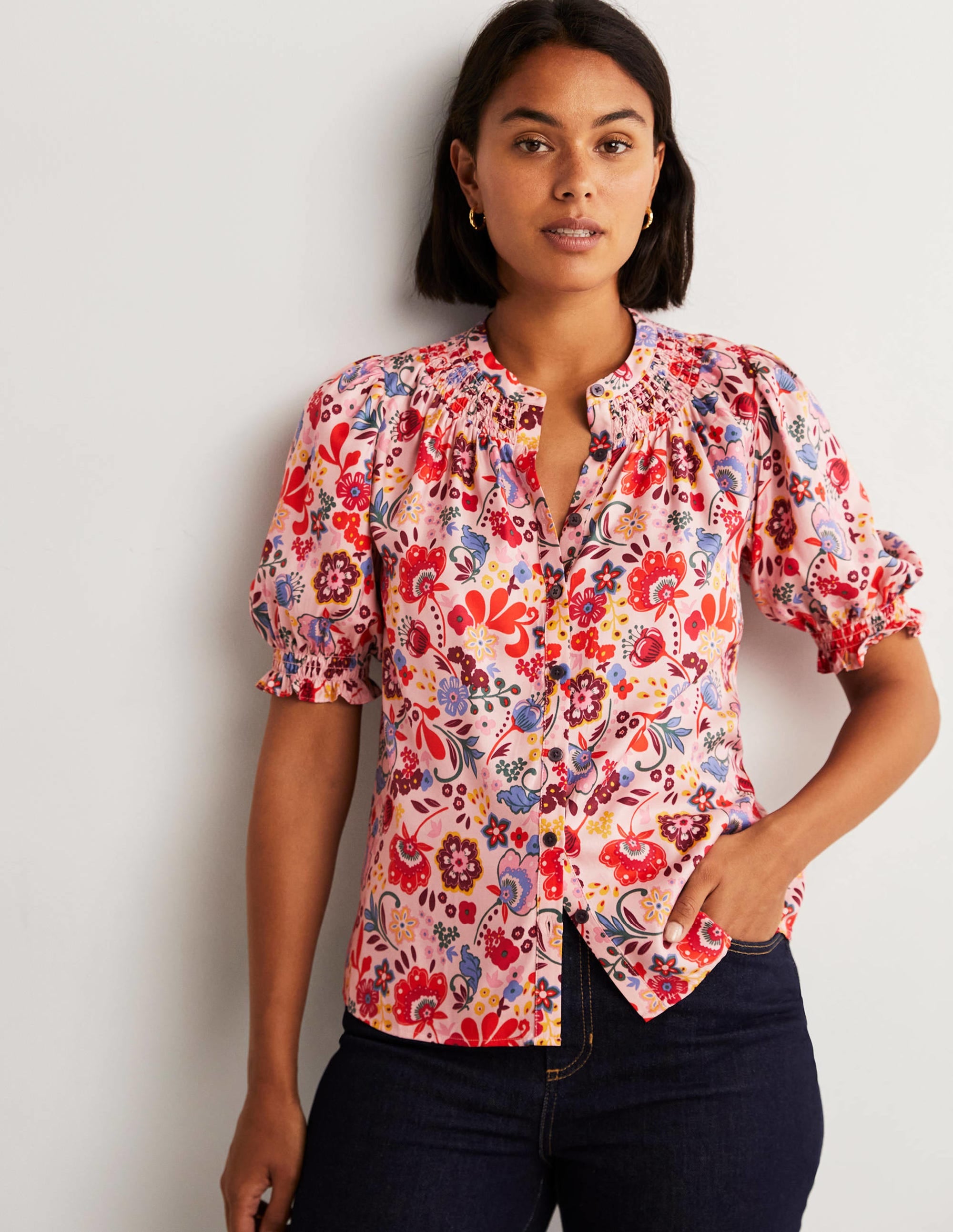 Smocked Silk Blend Blouse-Milkshake, Pretty Paradise - Image 1
