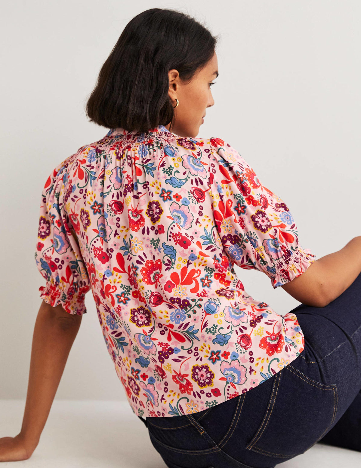 Smocked Silk Blend Blouse-Milkshake, Pretty Paradise - Image 3