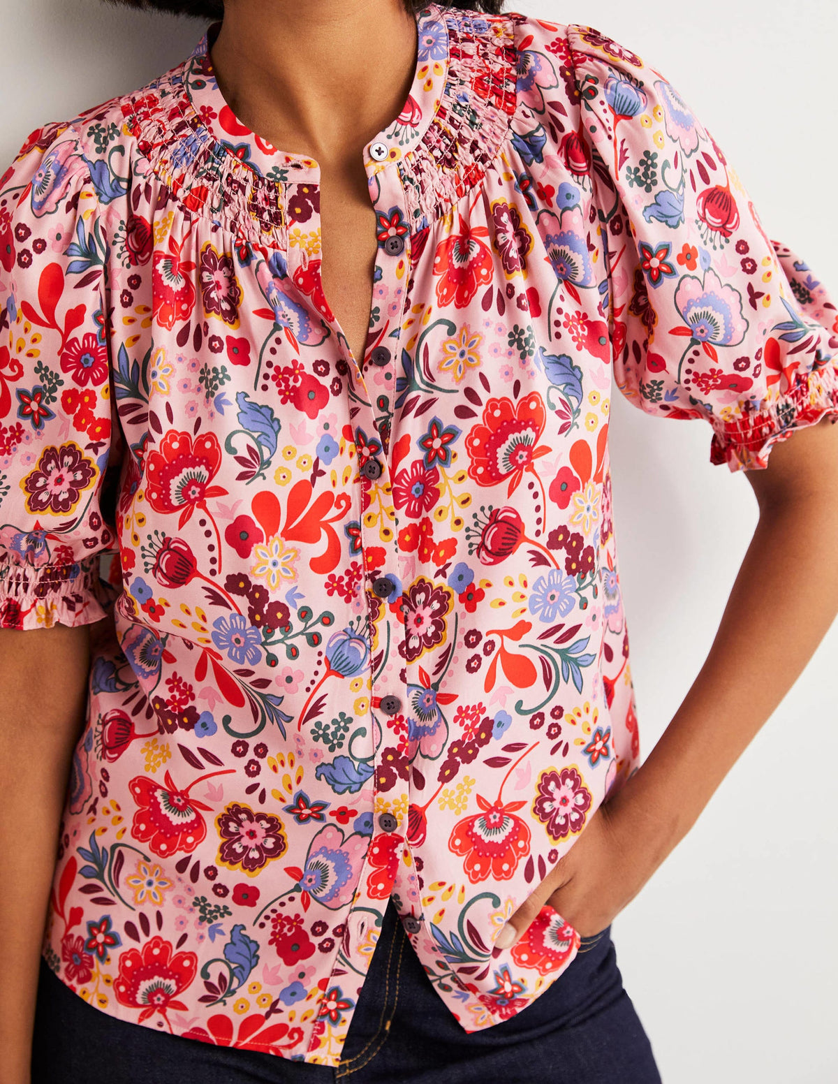 Smocked Silk Blend Blouse-Milkshake, Pretty Paradise-4