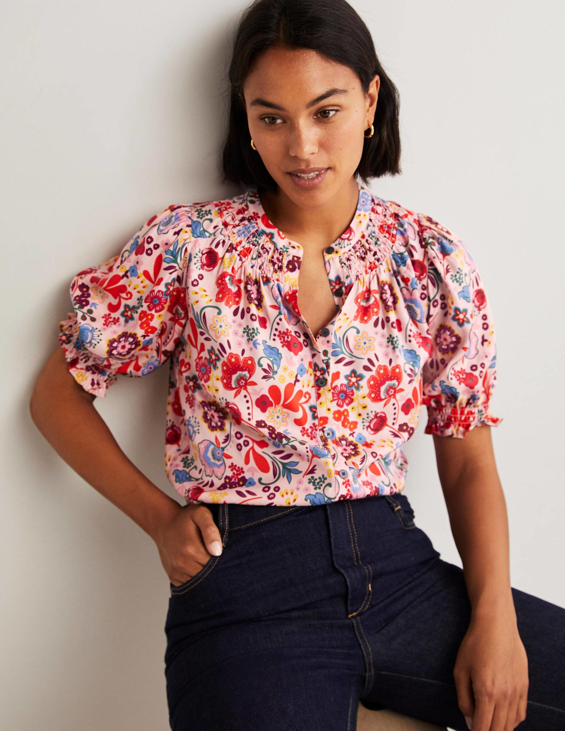 Smocked Silk Blend Blouse-Milkshake, Pretty Paradise-5