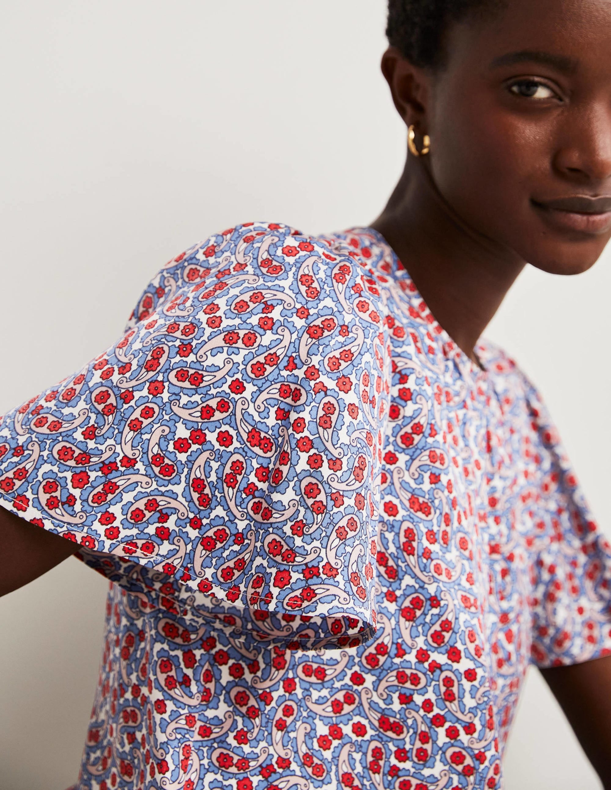 Flutter Sleeve Crew Neck Top-Riviera Blue, Petal Paisley - Image 2