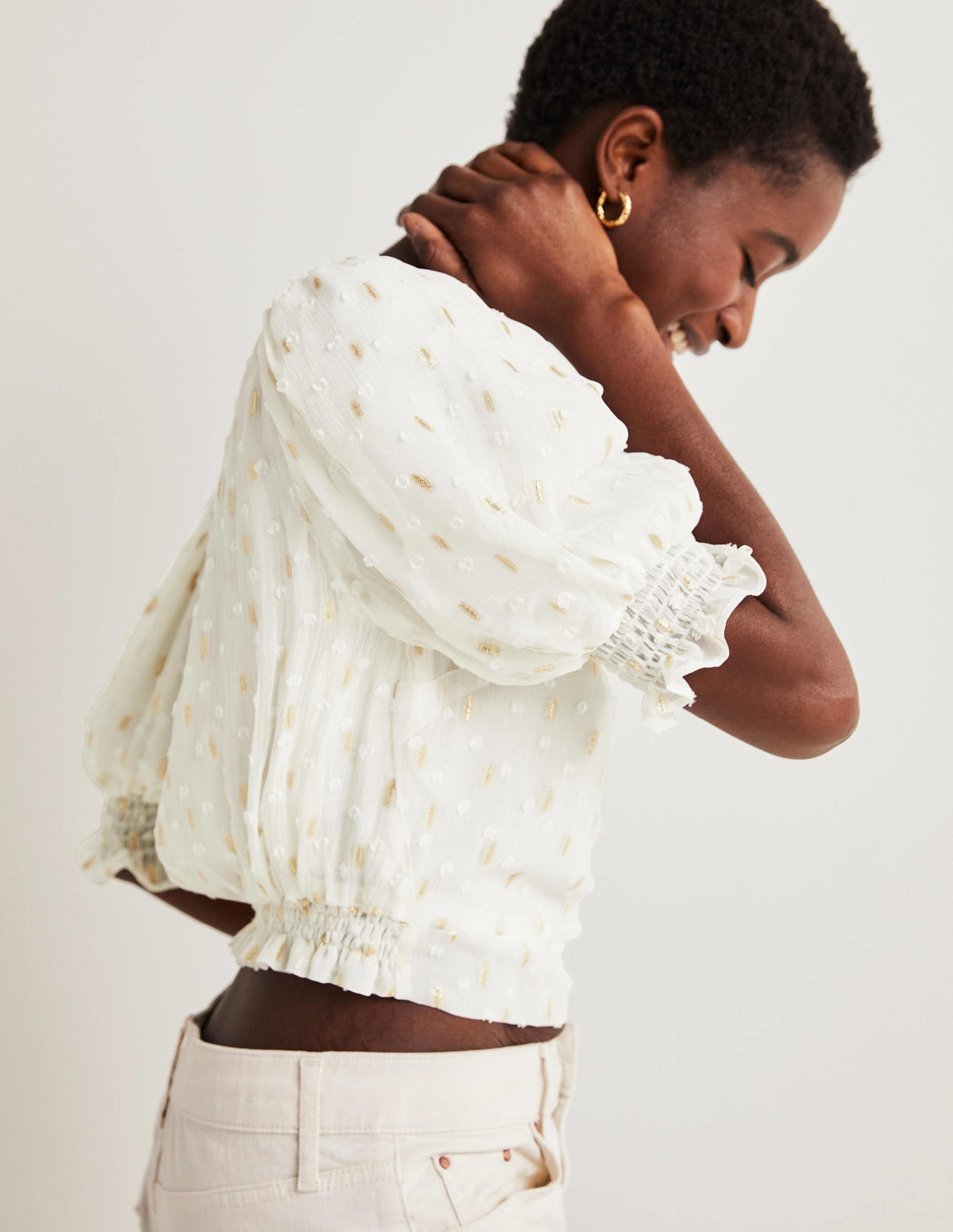 Cropped Metallic Smocked Top-Ivory and Gold Clip-1