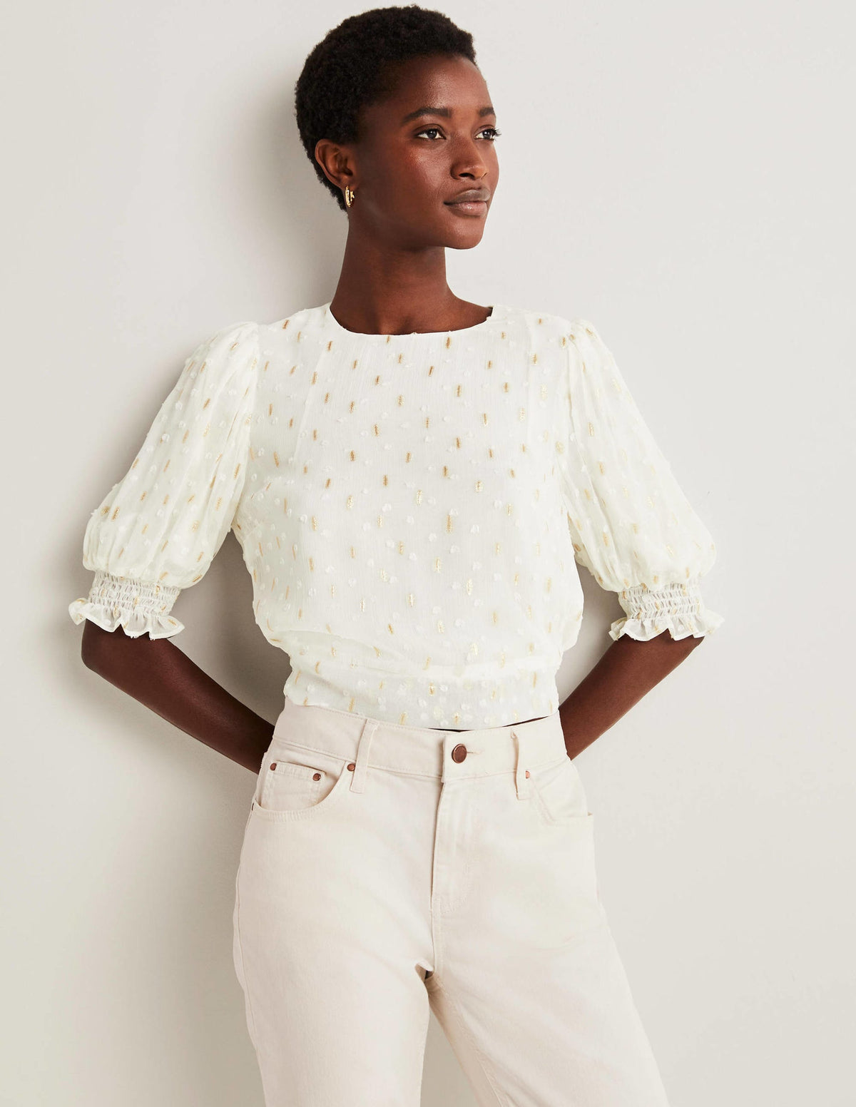Cropped Metallic Smocked Top-Ivory and Gold Clip - Image 2