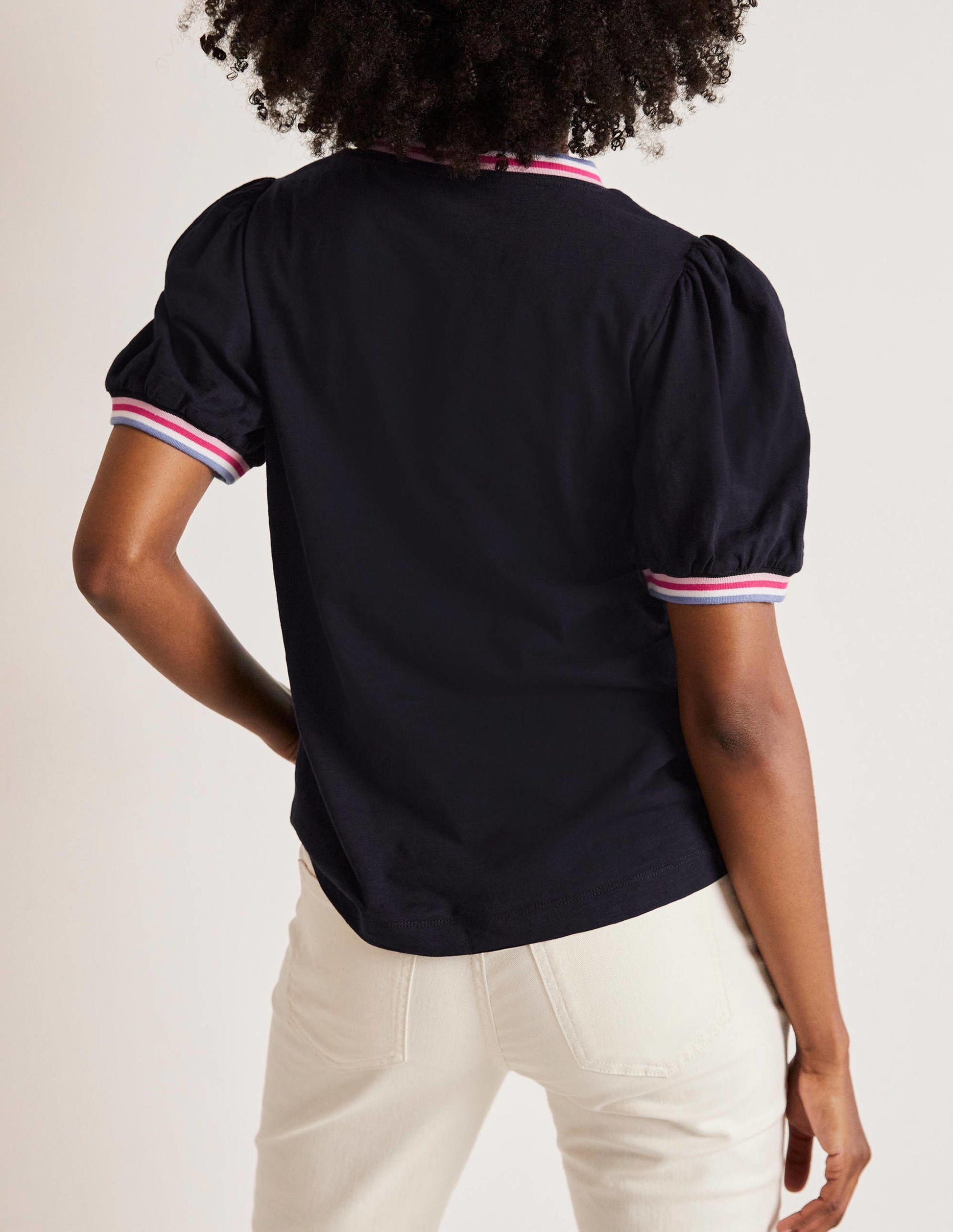 Rib Trim Blouson Top-Navy-8