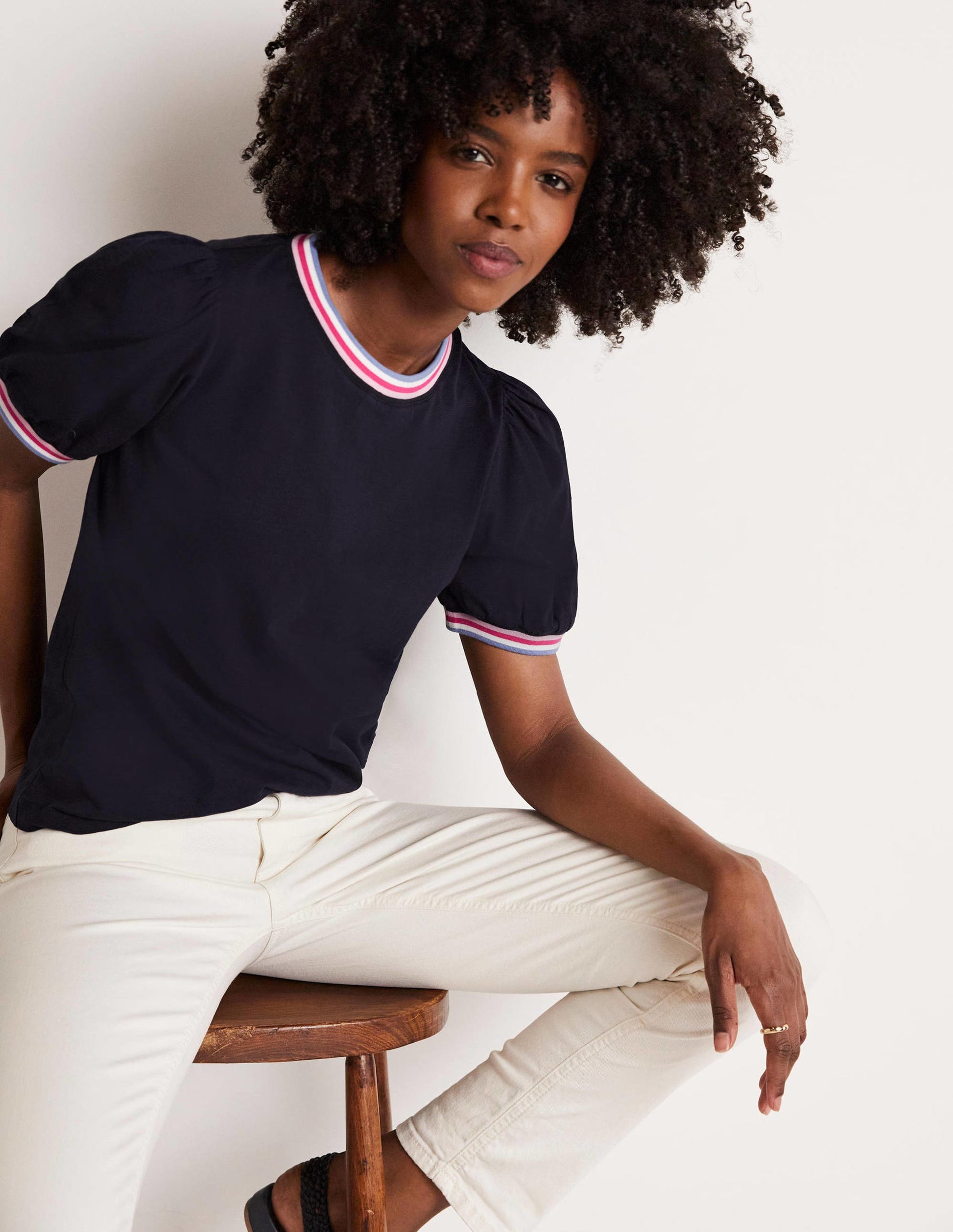 Rib Trim Blouson Top-Navy-9