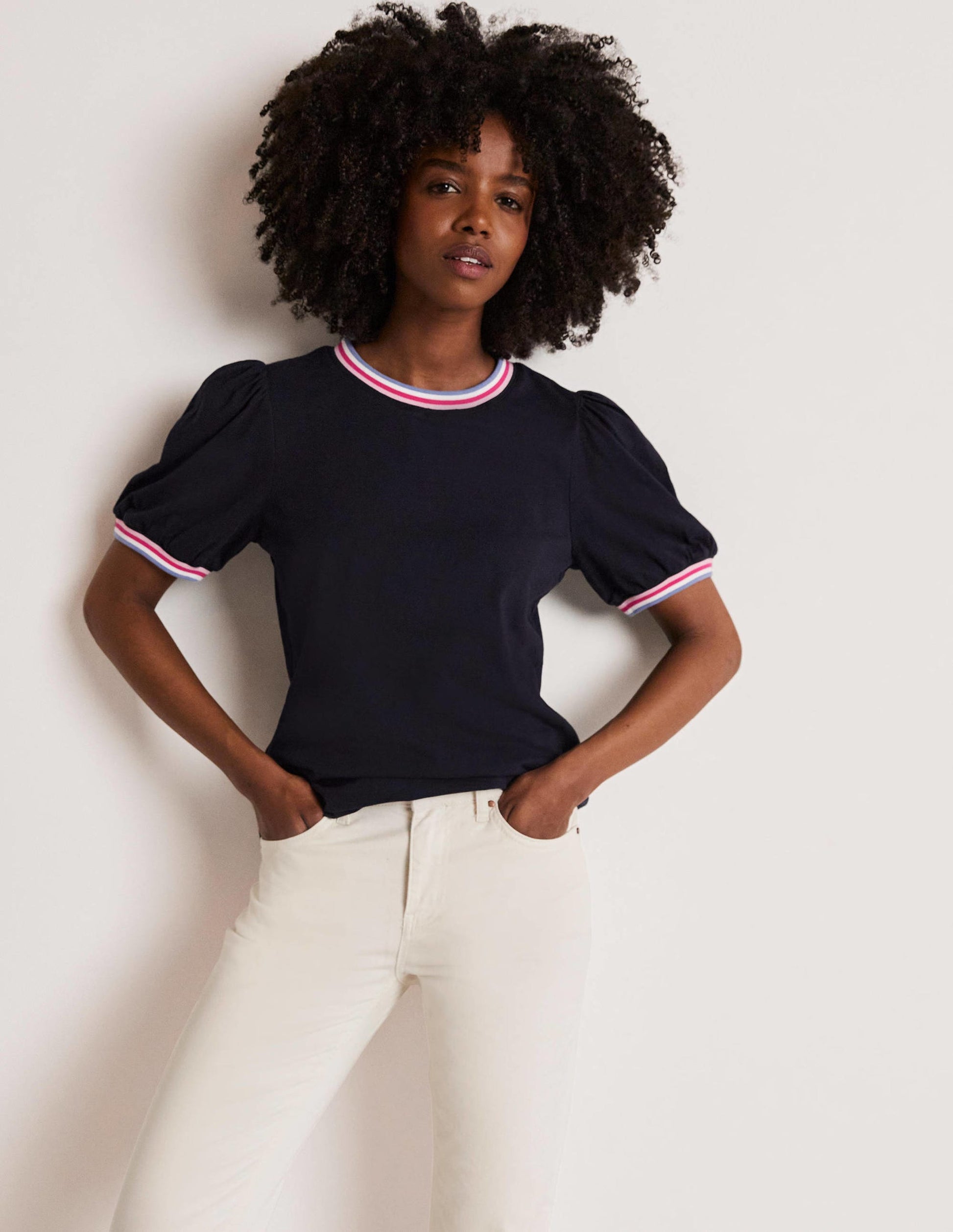 Rib Trim Blouson Top-Navy-1