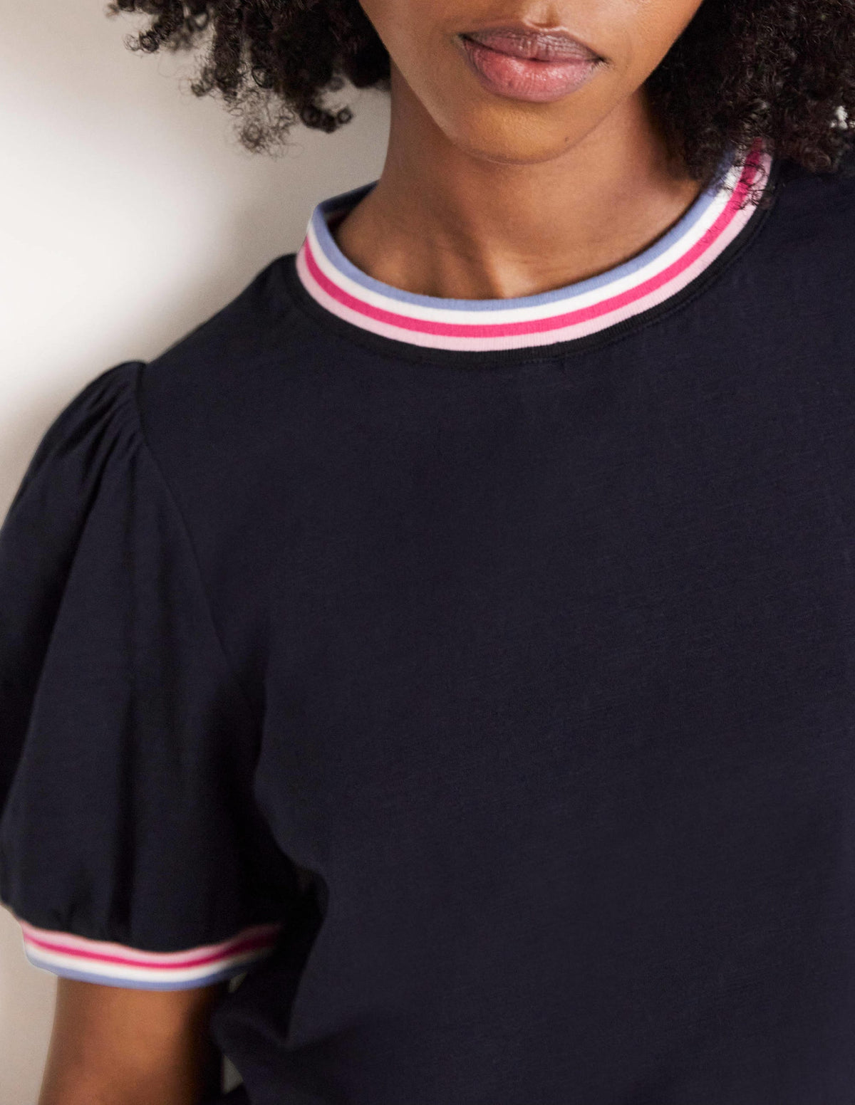 Rib Trim Blouson Top-Navy - Image 2