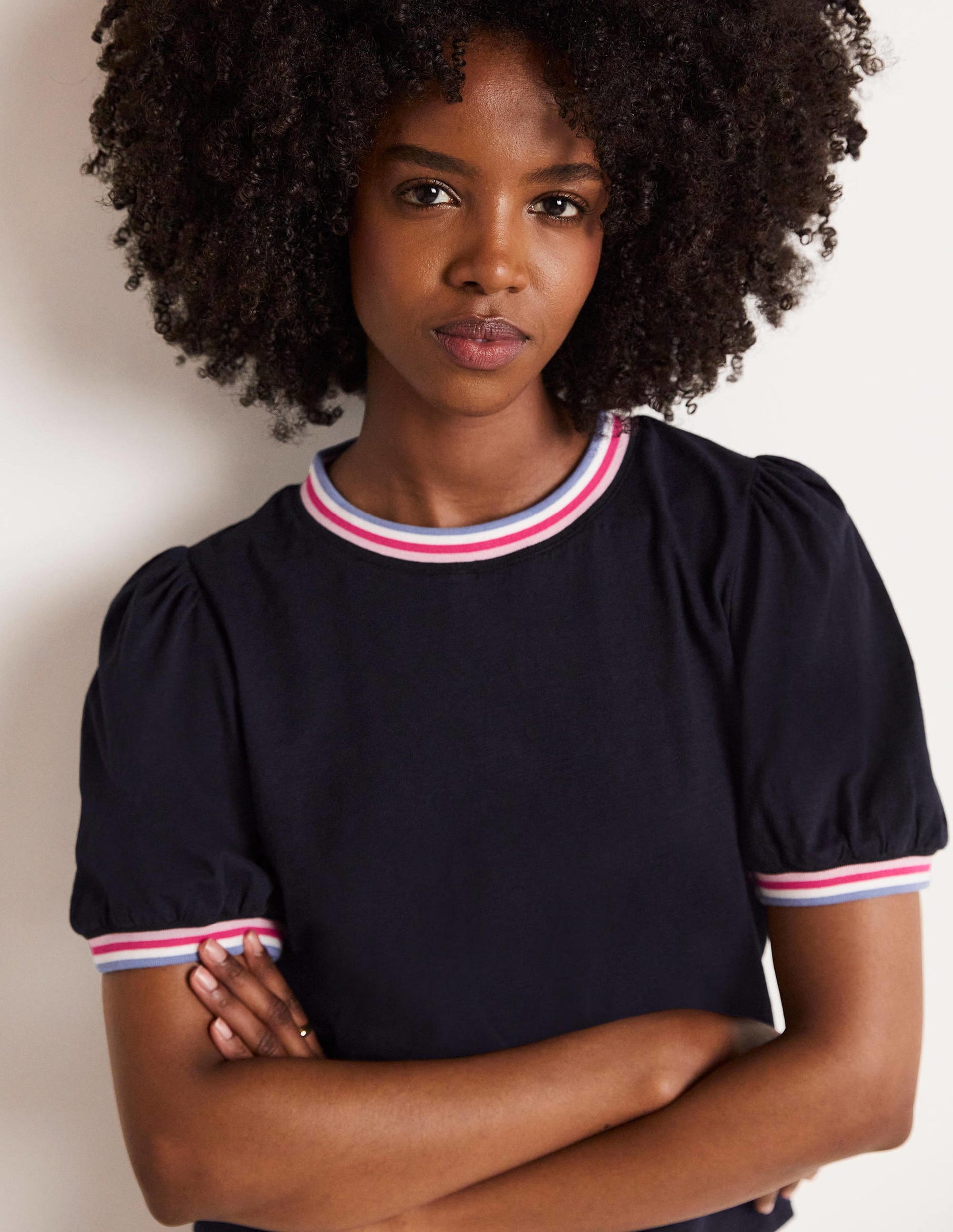 Rib Trim Blouson Top-Navy-5