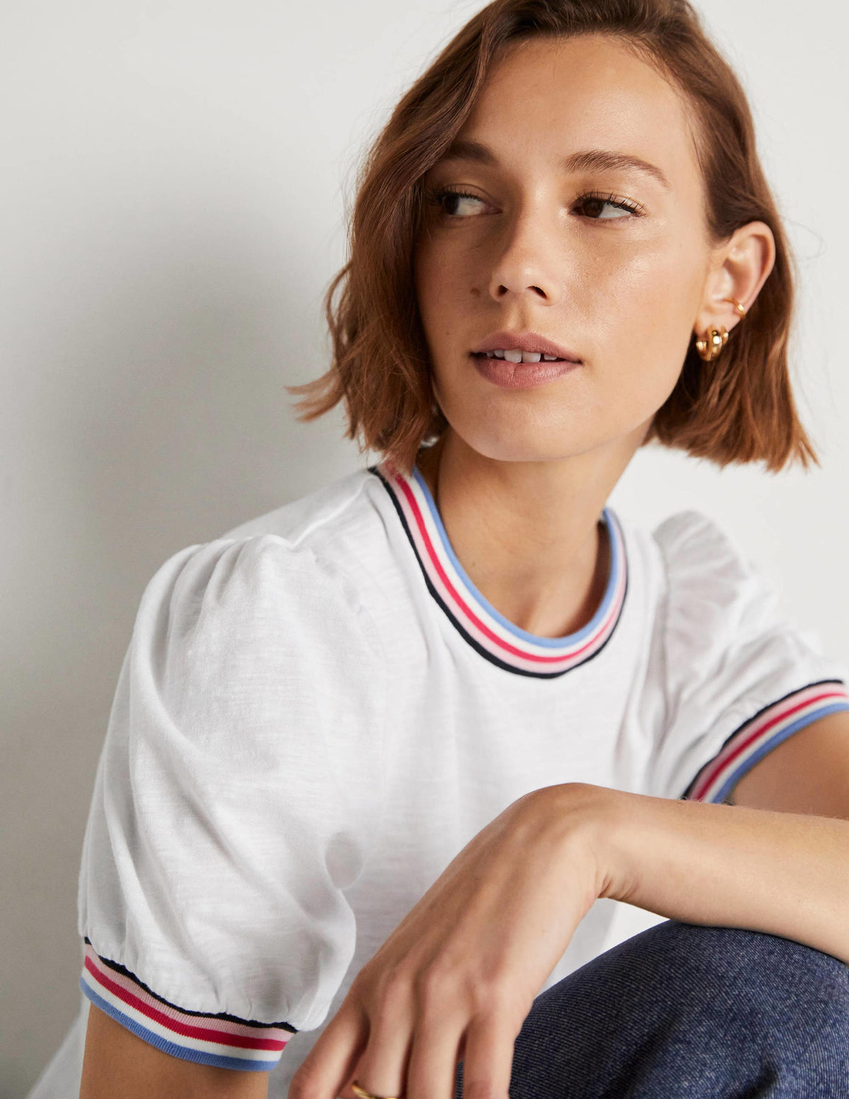 Rib Trim Blouson Top-White-6