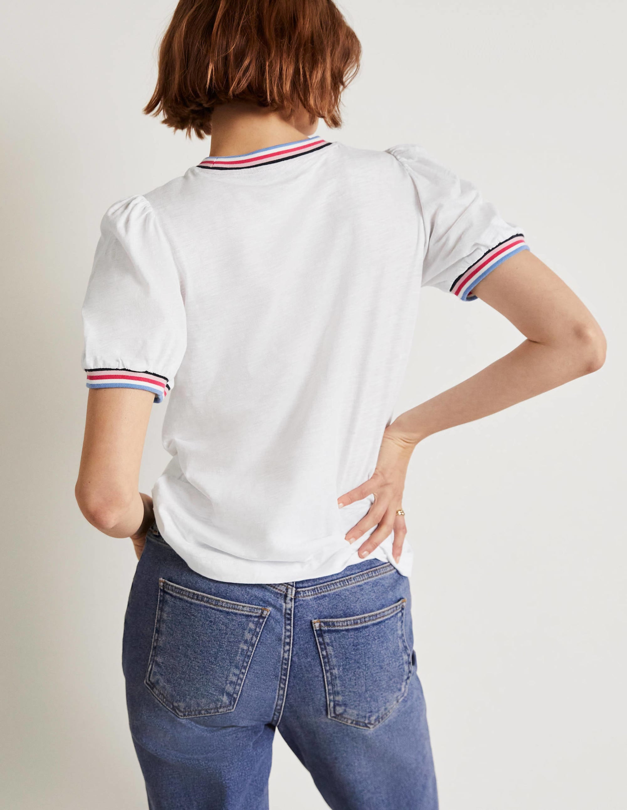 Rib Trim Blouson Top-White - Image 7