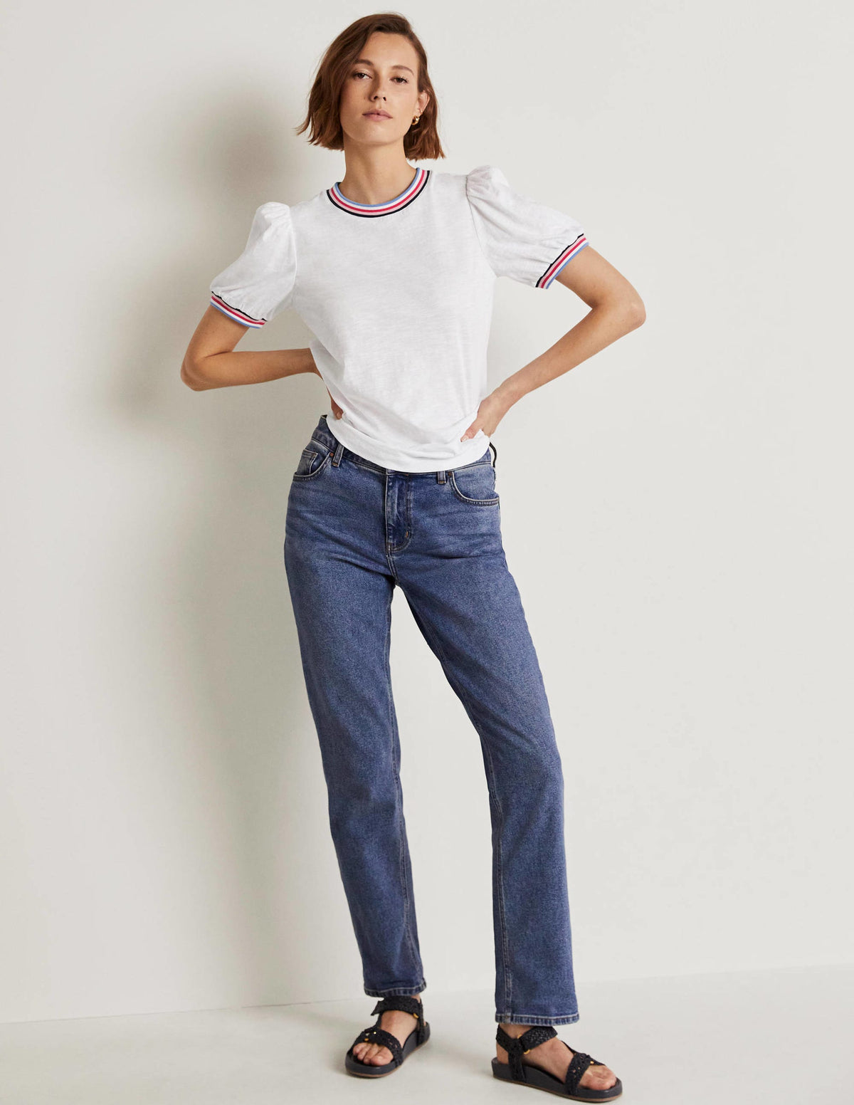 Rib Trim Blouson Top-White-8