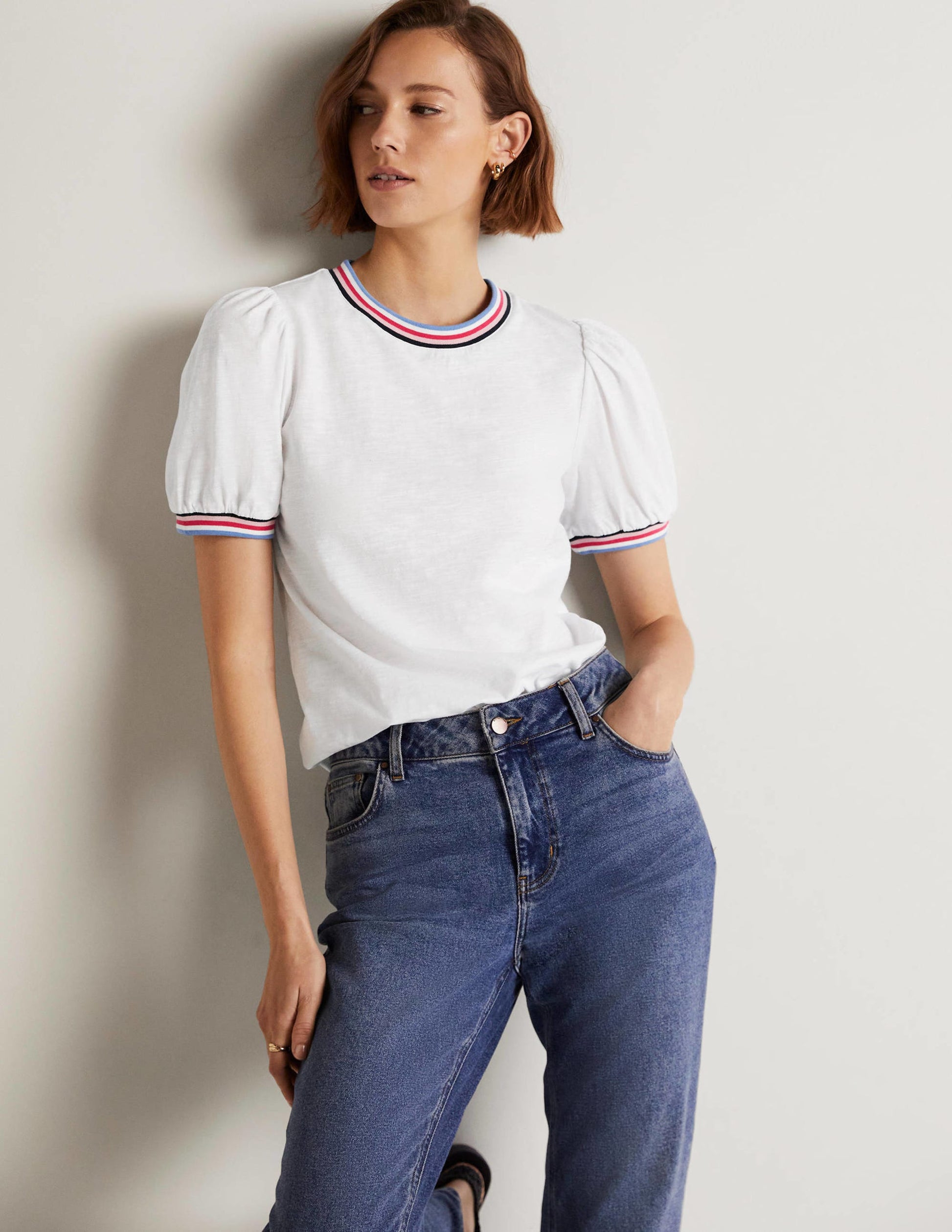 Rib Trim Blouson Top-White-1