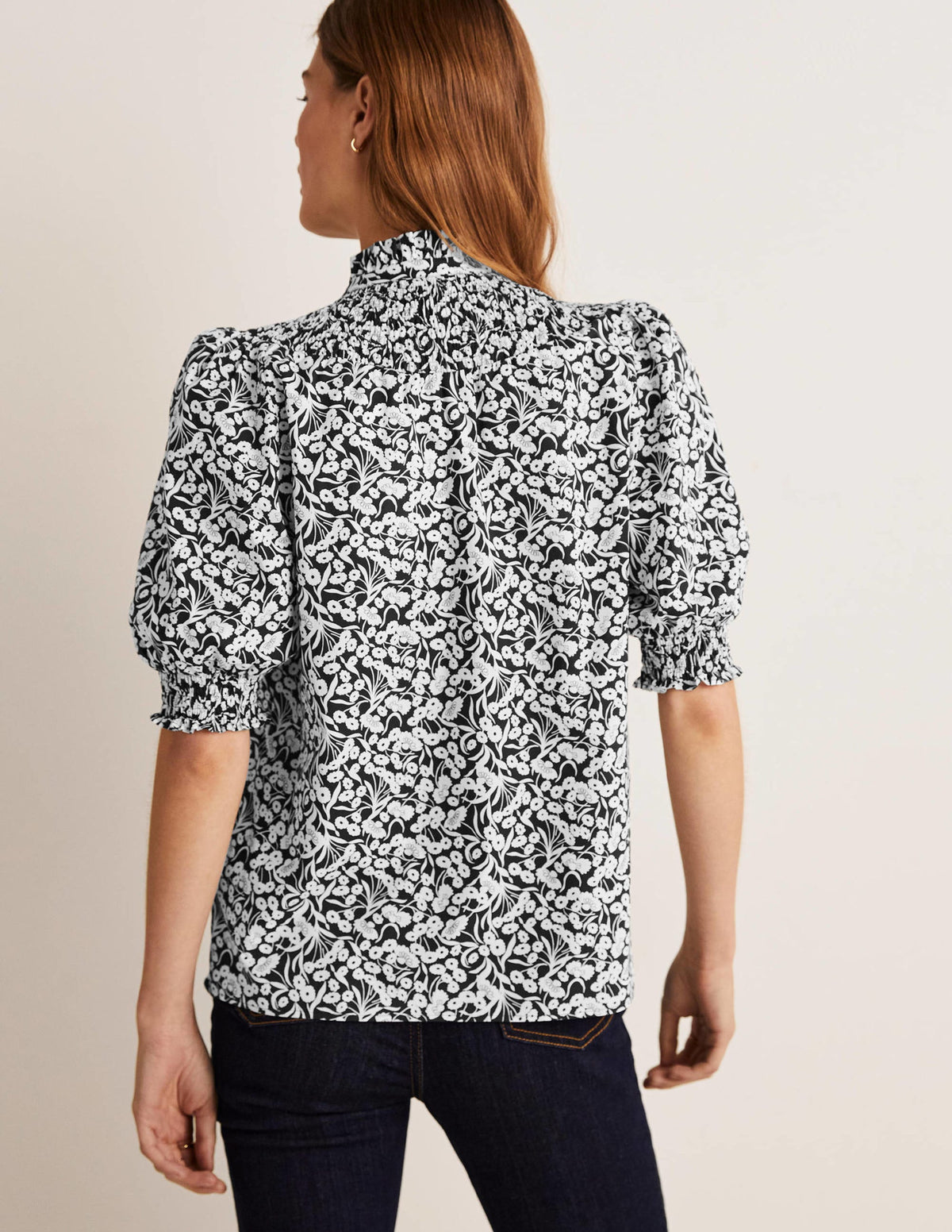 Short Sleeve Smocked Shirt-Black, Floret Bud-7
