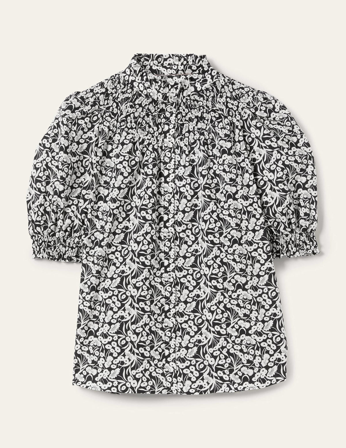 Short Sleeve Smocked Shirt-Black, Floret Bud-9