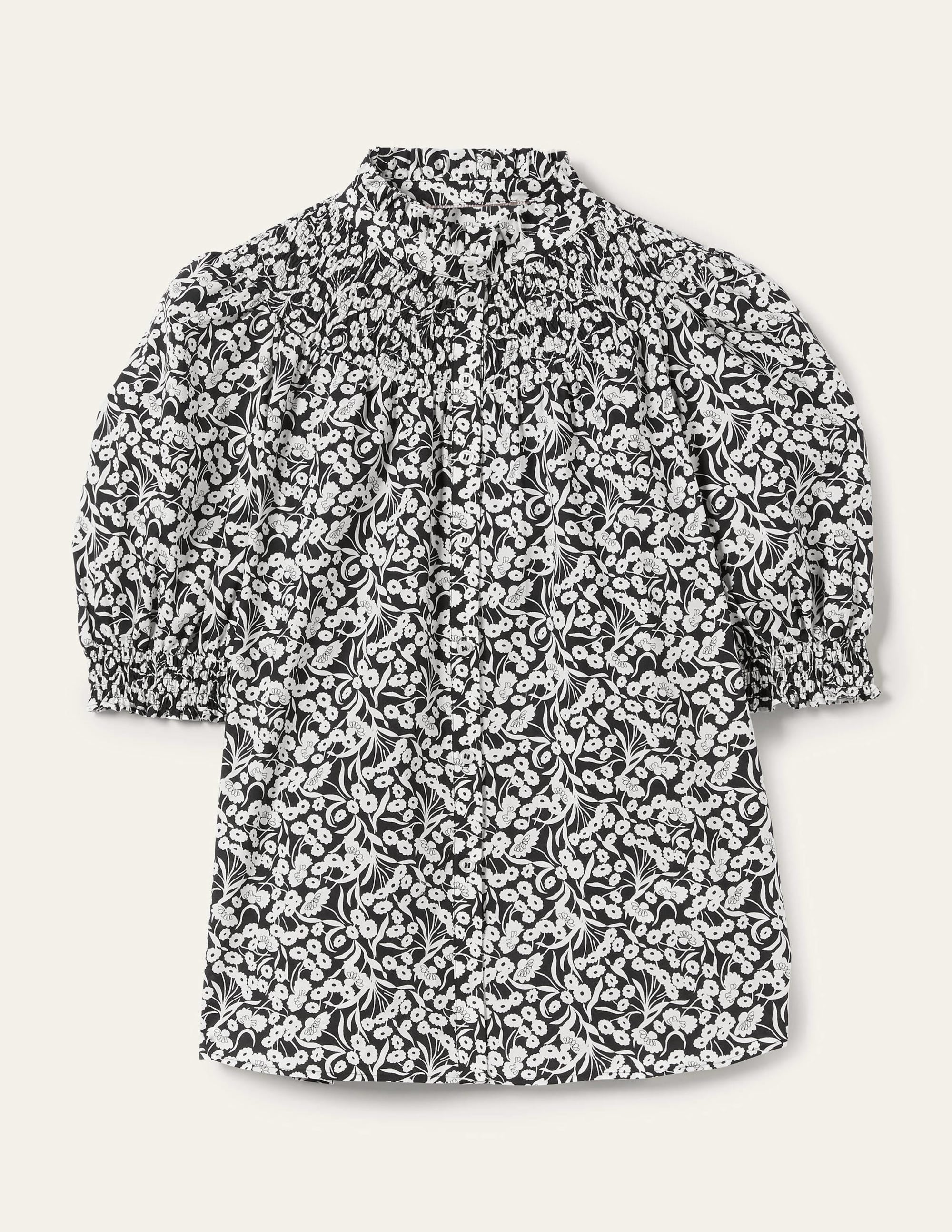 Short Sleeve Smocked Shirt-Black, Floret Bud - Image 9