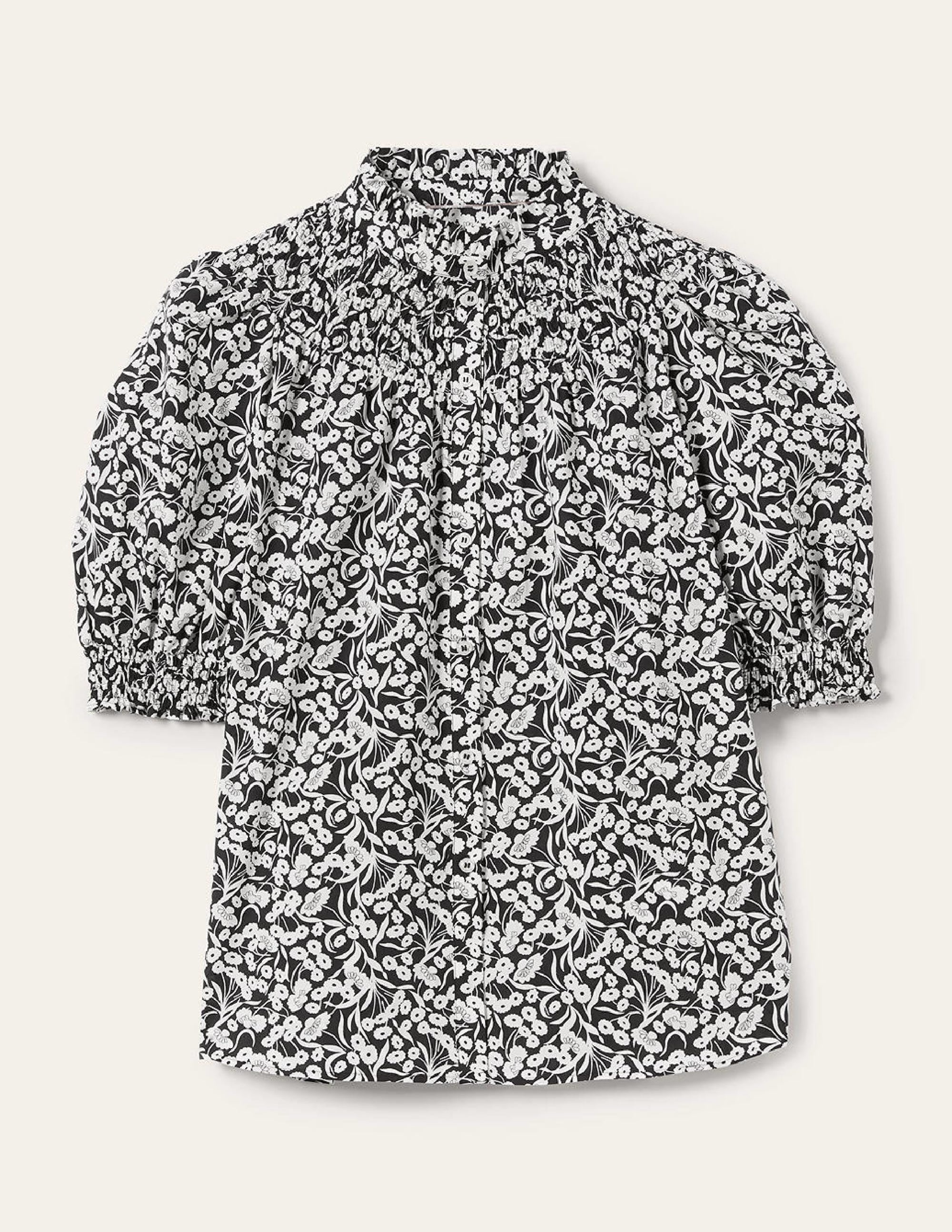 Short Sleeve Smocked Shirt-Black, Floret Bud - Image 5