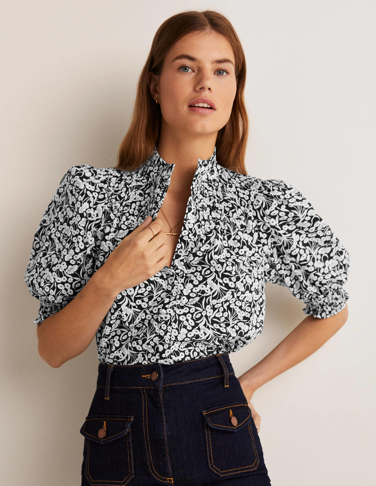 Short Sleeve Smocked Shirt-Black, Floret Bud-1