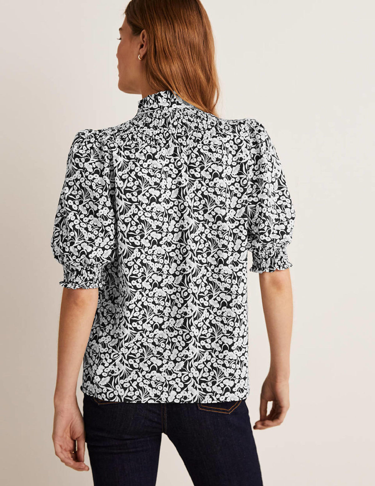 Short Sleeve Smocked Shirt-Black, Floret Bud - Image 3