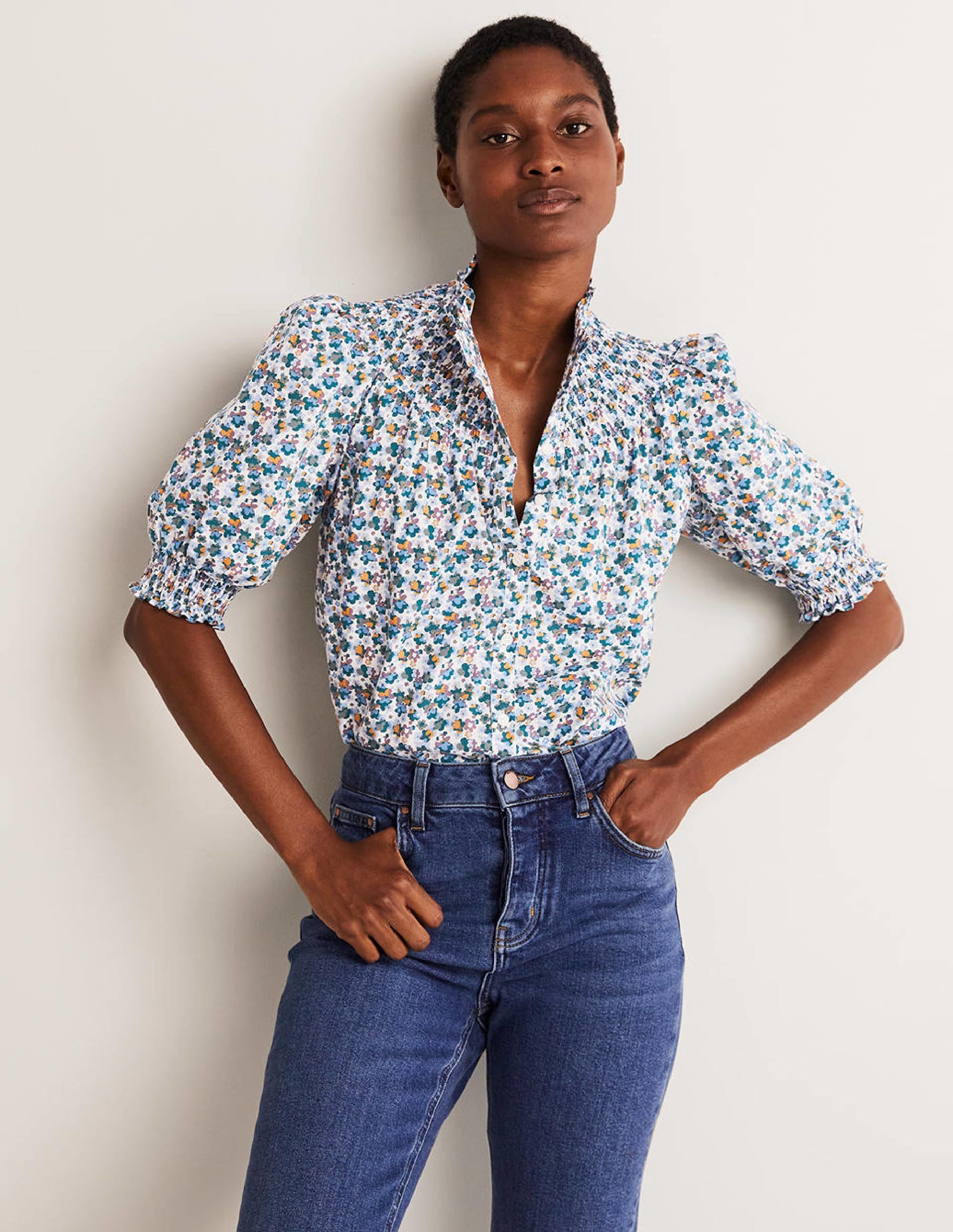 Short Sleeve Smocked Shirt-Blue, Abstract Cluster - Image 1