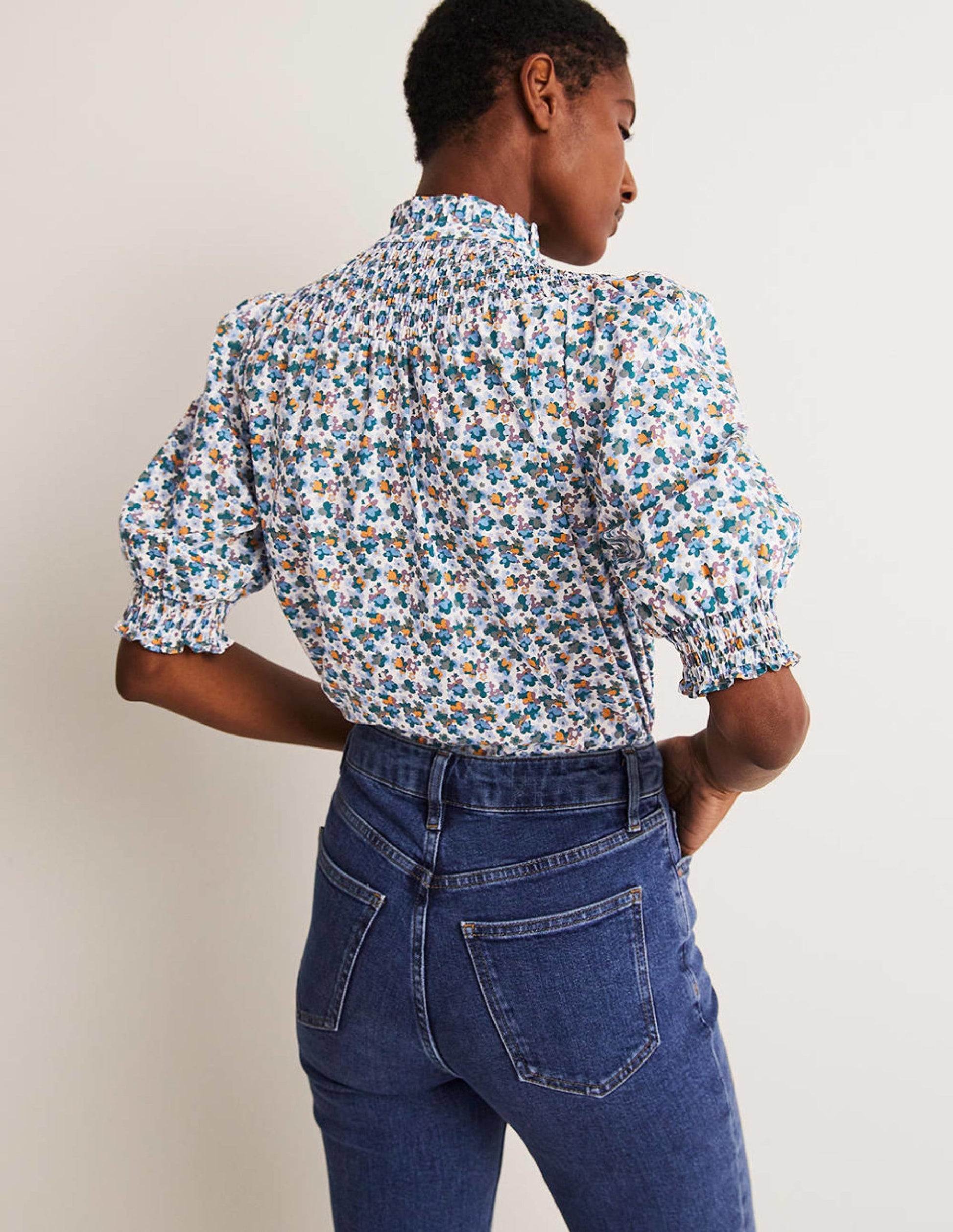 Short Sleeve Smocked Shirt-Blue, Abstract Cluster-3